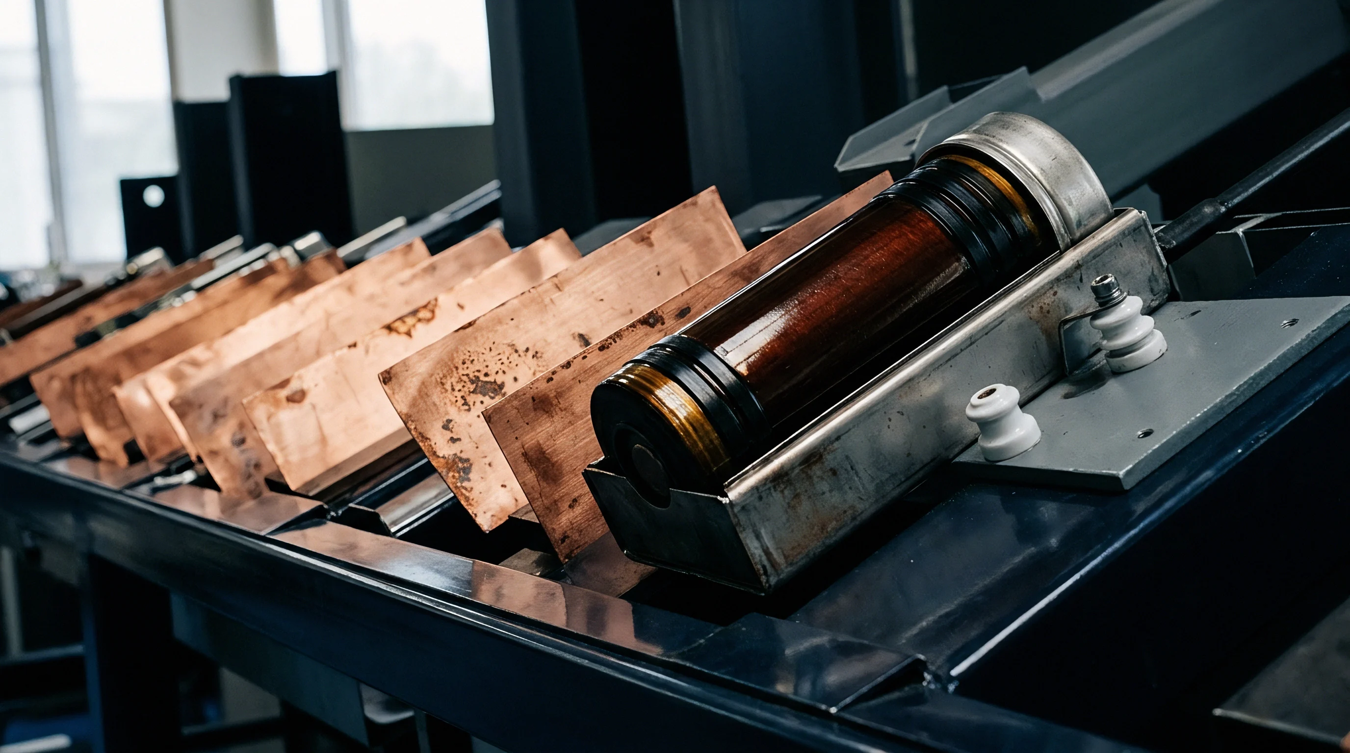 Cylindrical energy storage cells and raw copper current collectors rest inside an industrial manufacturing workstation during production quality control.