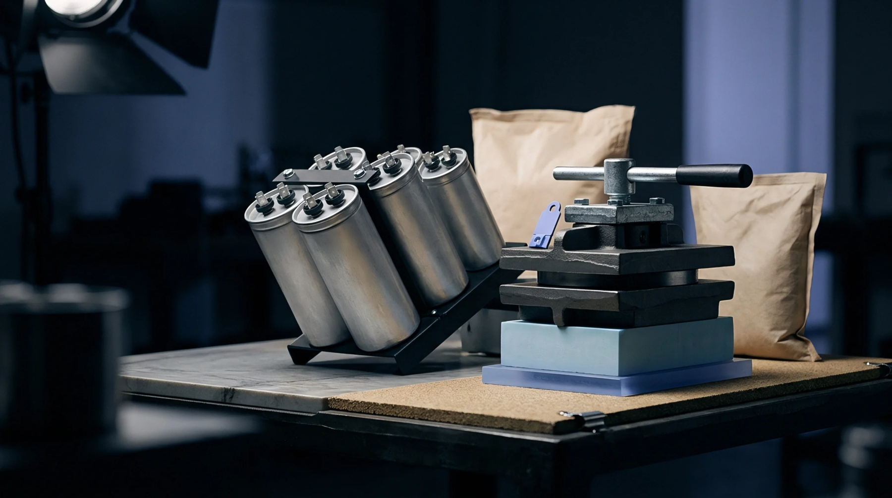 Cylindrical metal battery cells rest beside a manual mechanical press and material bags inside an industrial production workshop.