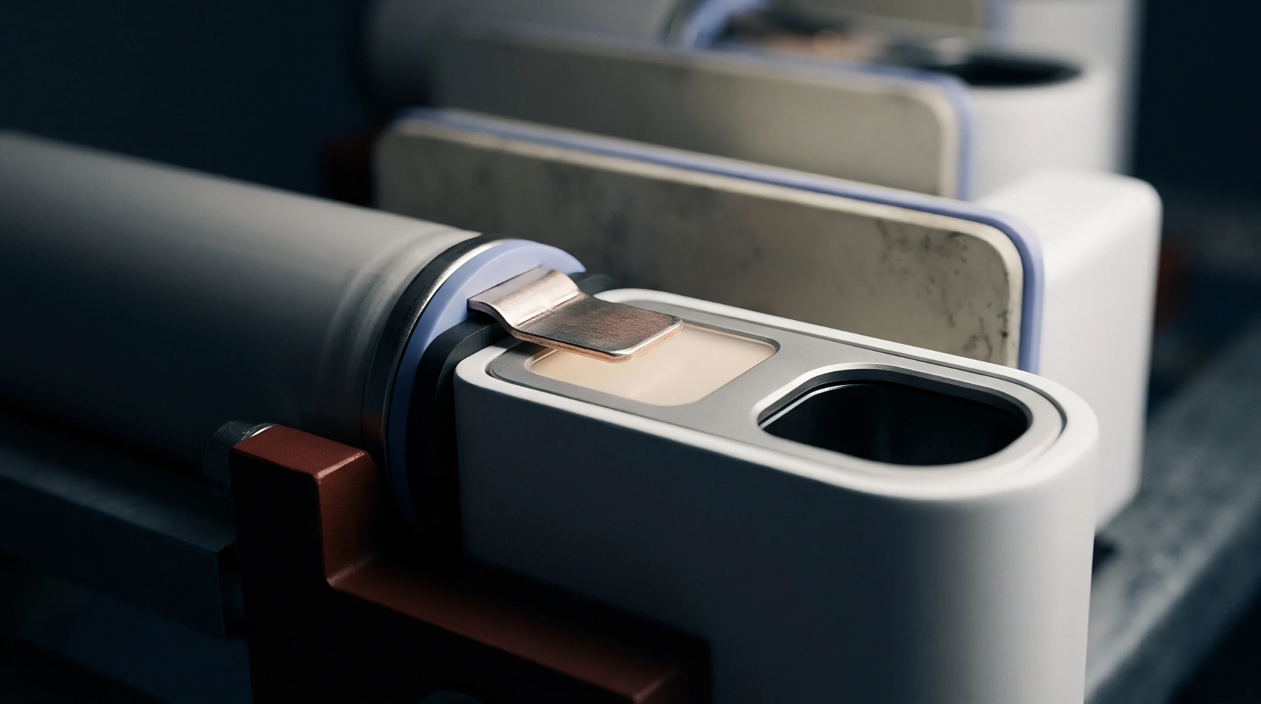 A cylindrical energy storage cell with a copper terminal tab rests inside a precision white manufacturing assembly fixture.