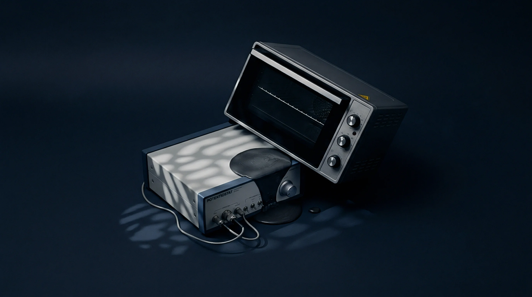 A digital render shows a laboratory potentiostat with a warped black polymer housing positioned beside a miniature thermal chamber on a dark surface.