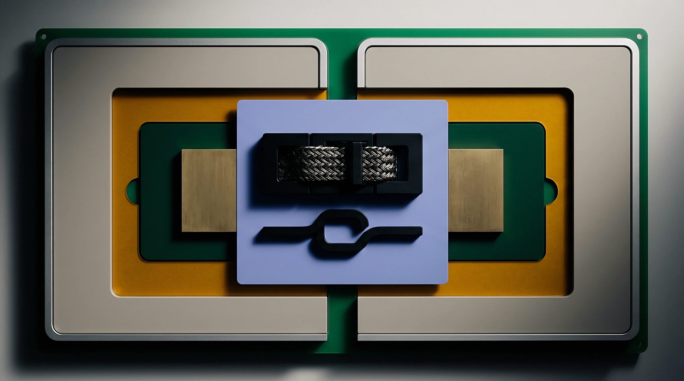 A digital render displays a green printed circuit board beneath layered silver and gold busbars housing a braided copper strap.