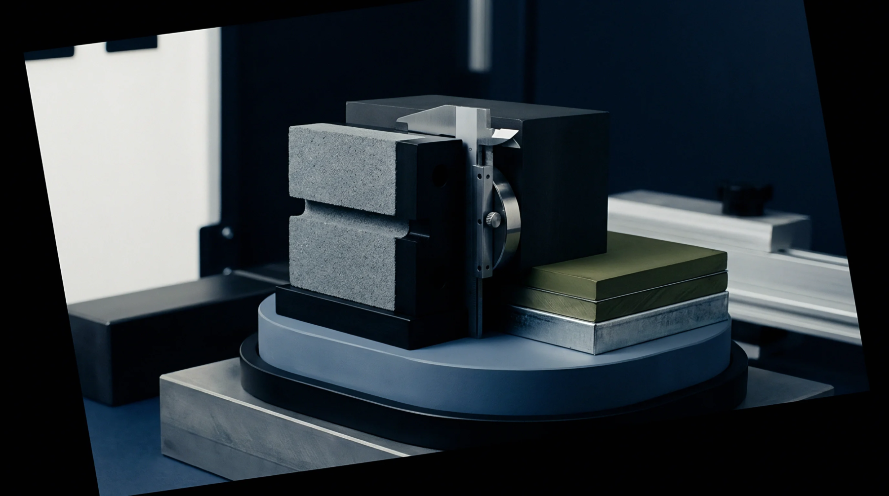 A digital render features a precision caliper measuring a grey machined battery component mounted on a blue inspection turntable.
