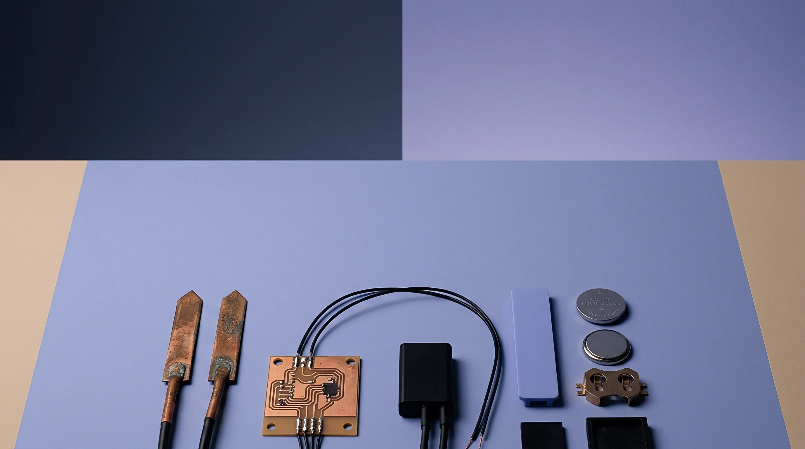 Disassembled electronic hardware components including circuit boards, copper probes, coin cell batteries, and casing elements rest on a flat surface.
