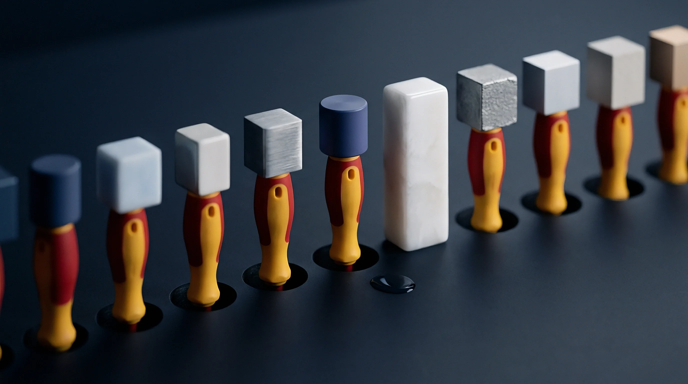 This illustration shows a row of stylized components resembling energy storage cells with varied material tops, mounted on tool-like bases against a dark background.