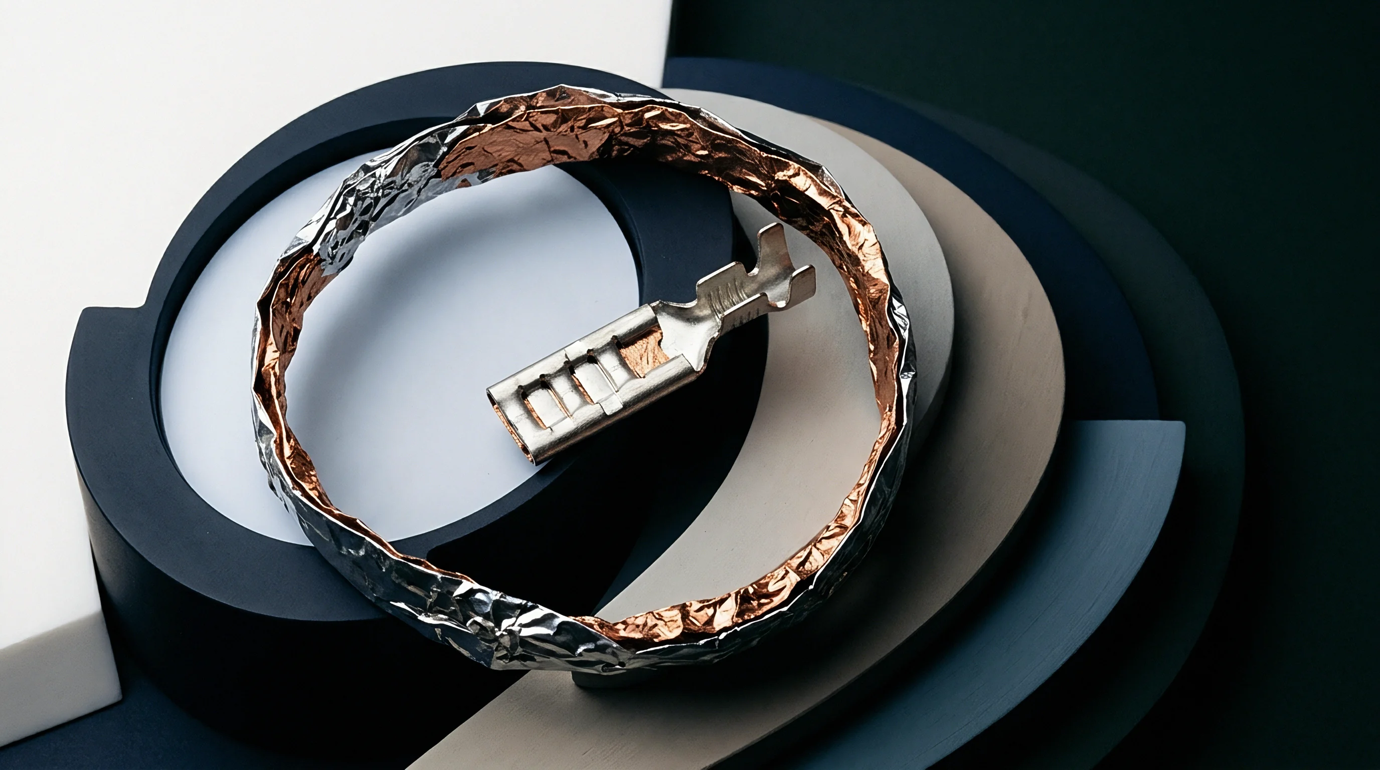 A metal crimp terminal connector rests upon a ring of layered aluminum and copper foil on stacked circular platforms.