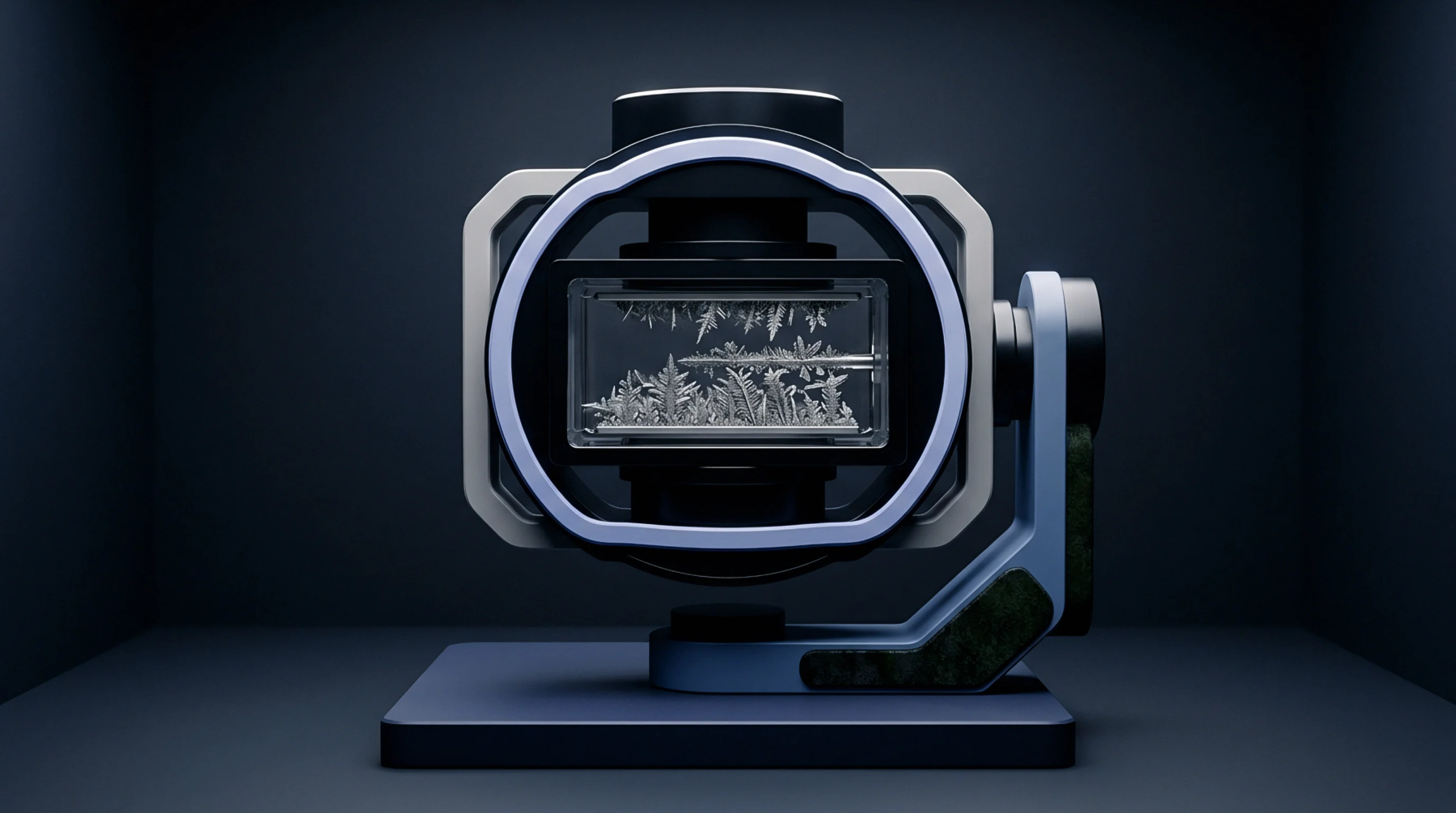 Digital render of a transparent experimental chamber holding growing metallic dendrites within a rotating mechanical assembly set against a dark grey background.