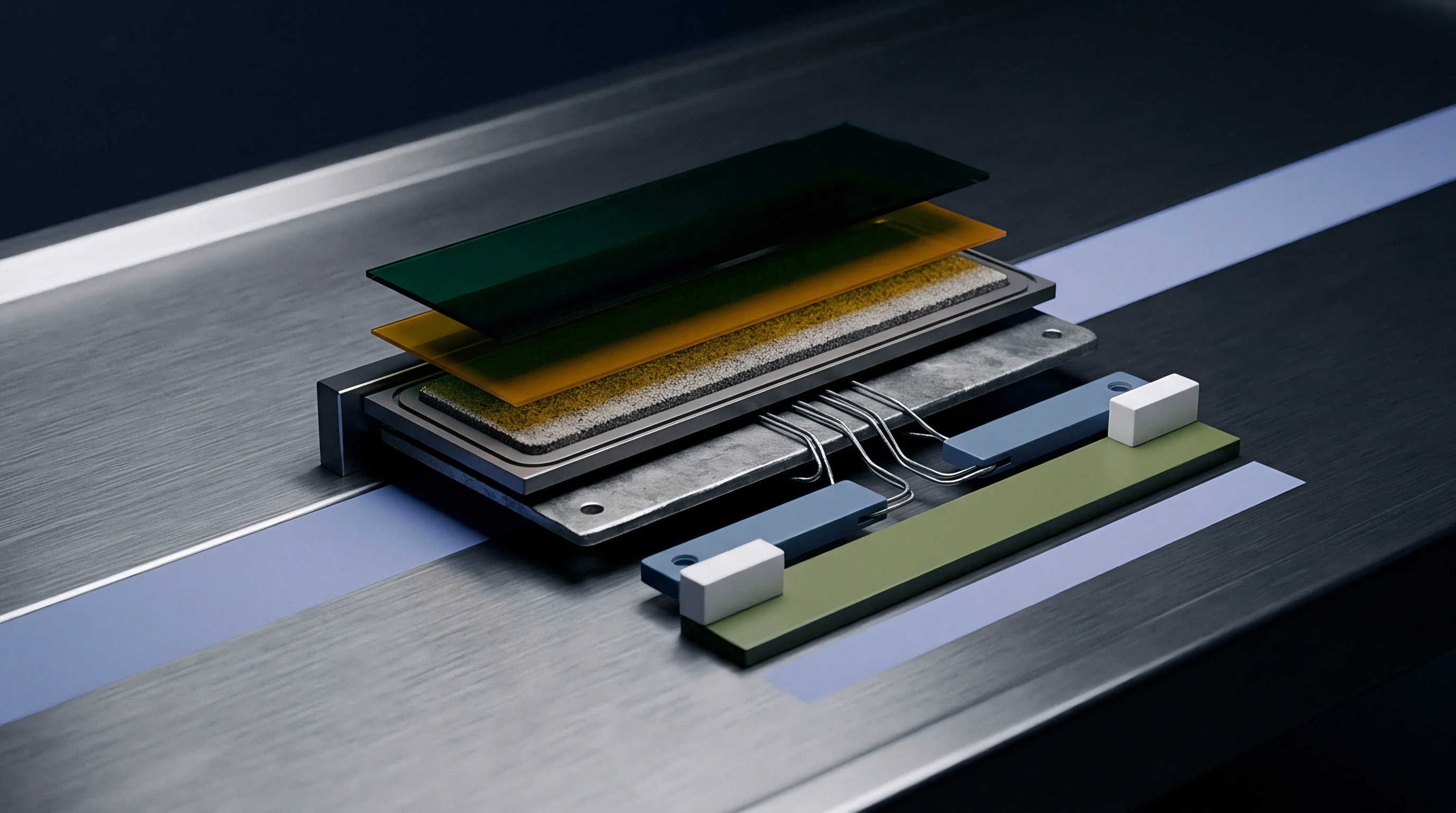 A digital render shows an exploded battery assembly with metallic current collectors, layered separator sheets, and wire bonded terminals positioned on a metal surface.