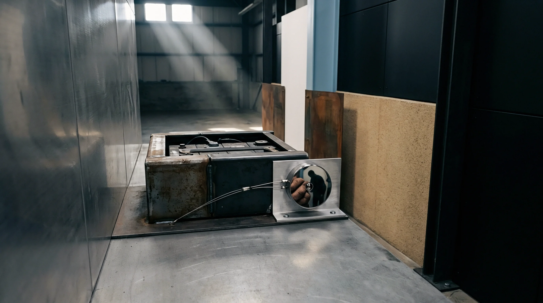 Heavy duty steel containment unit housing a large industrial battery sits on a concrete floor inside a manufacturing facility.