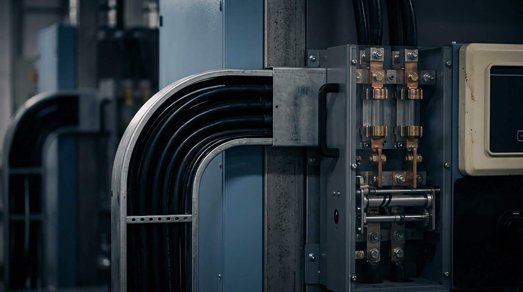 Heavy cables routed in a metallic tray connect to a distribution fuse box with exposed copper busbars inside a manufacturing plant.