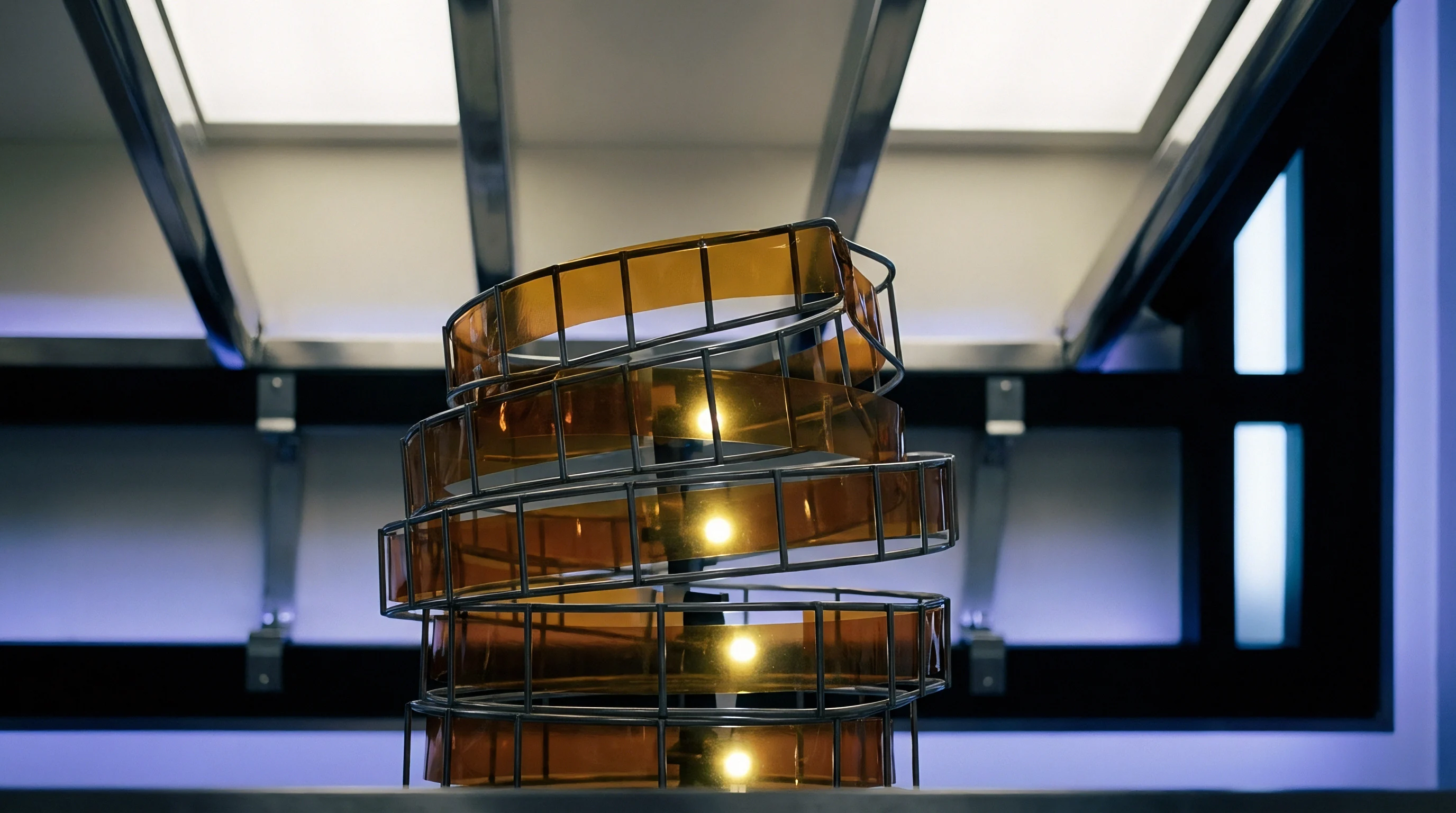 Translucent amber polymer separator material wound into a helical structure stands inside an advanced energy technology laboratory.