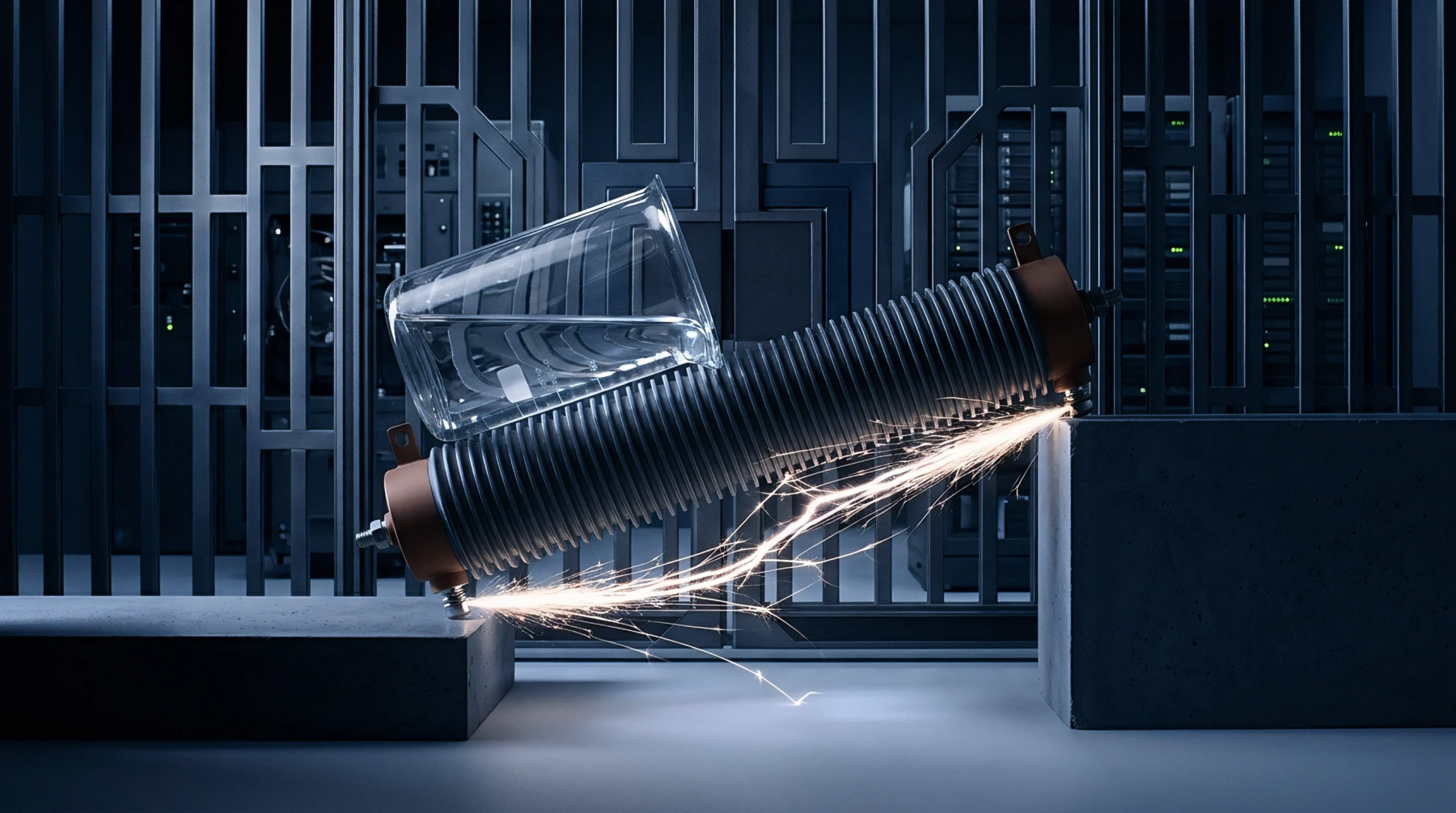 An industrial heating element with metallic cooling fins rests between concrete supports while discharging electrical sparks near a transparent glass beaker in a server room.