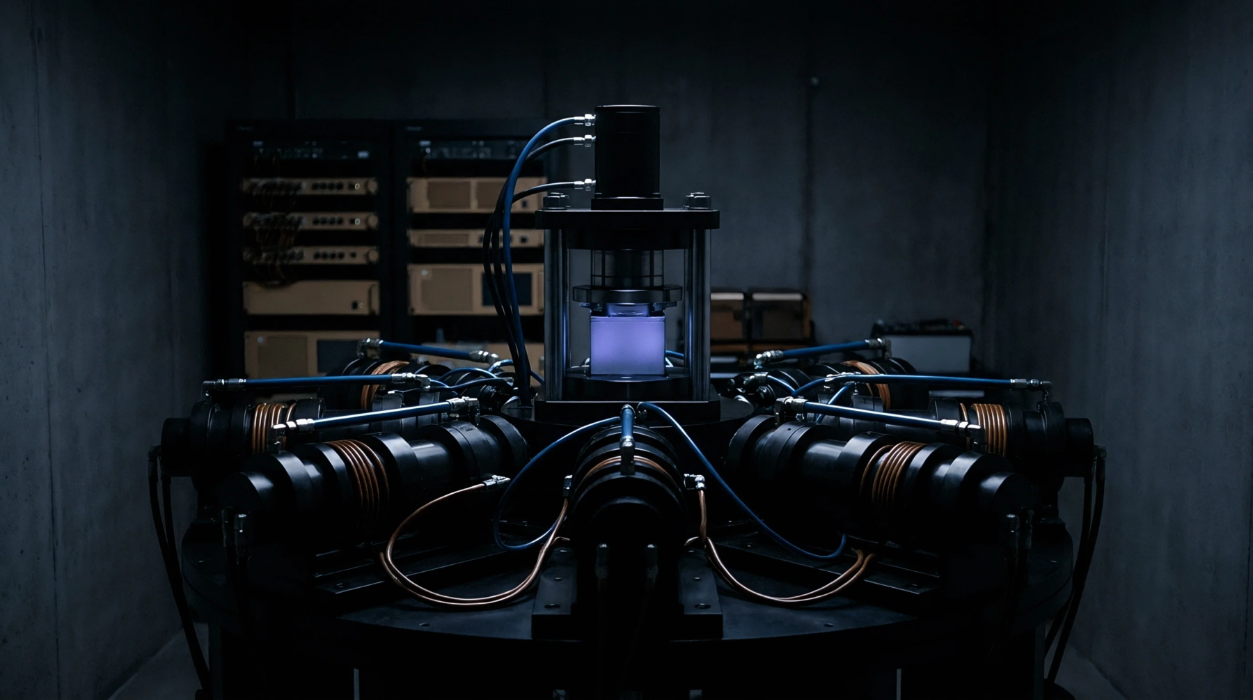 An industrial high pressure synthesis apparatus with electromagnetic coils surrounds a glowing material sample inside a concrete laboratory facility.