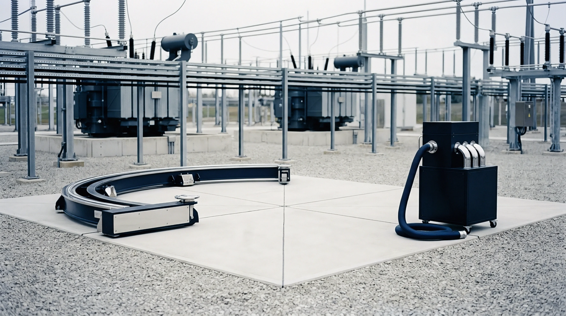 Heavy electrical service machinery and a curved modular track system rest upon a concrete slab within an active high voltage substation.
