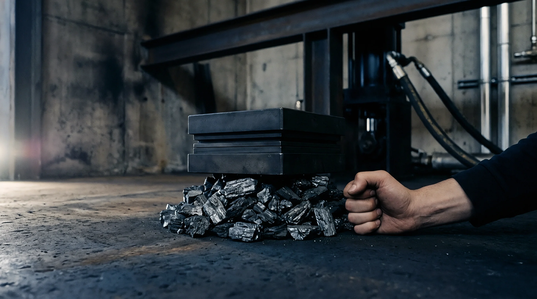 Raw carbon aggregate sits beneath a heavy steel press plate inside an industrial facility while a human hand rests nearby.