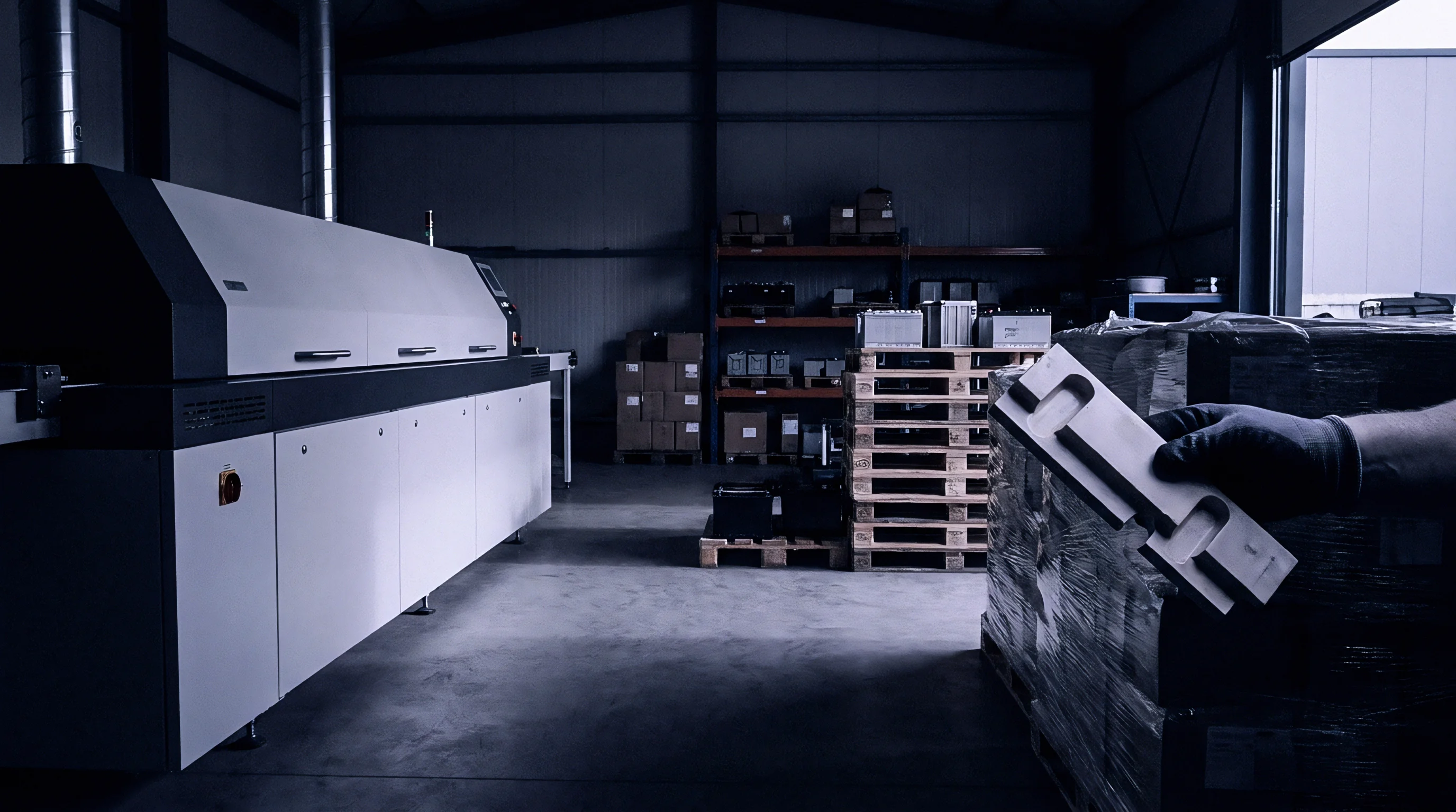 A gloved technician inspects a molded polymer spacer component inside a darkened industrial battery manufacturing facility warehouse floor.