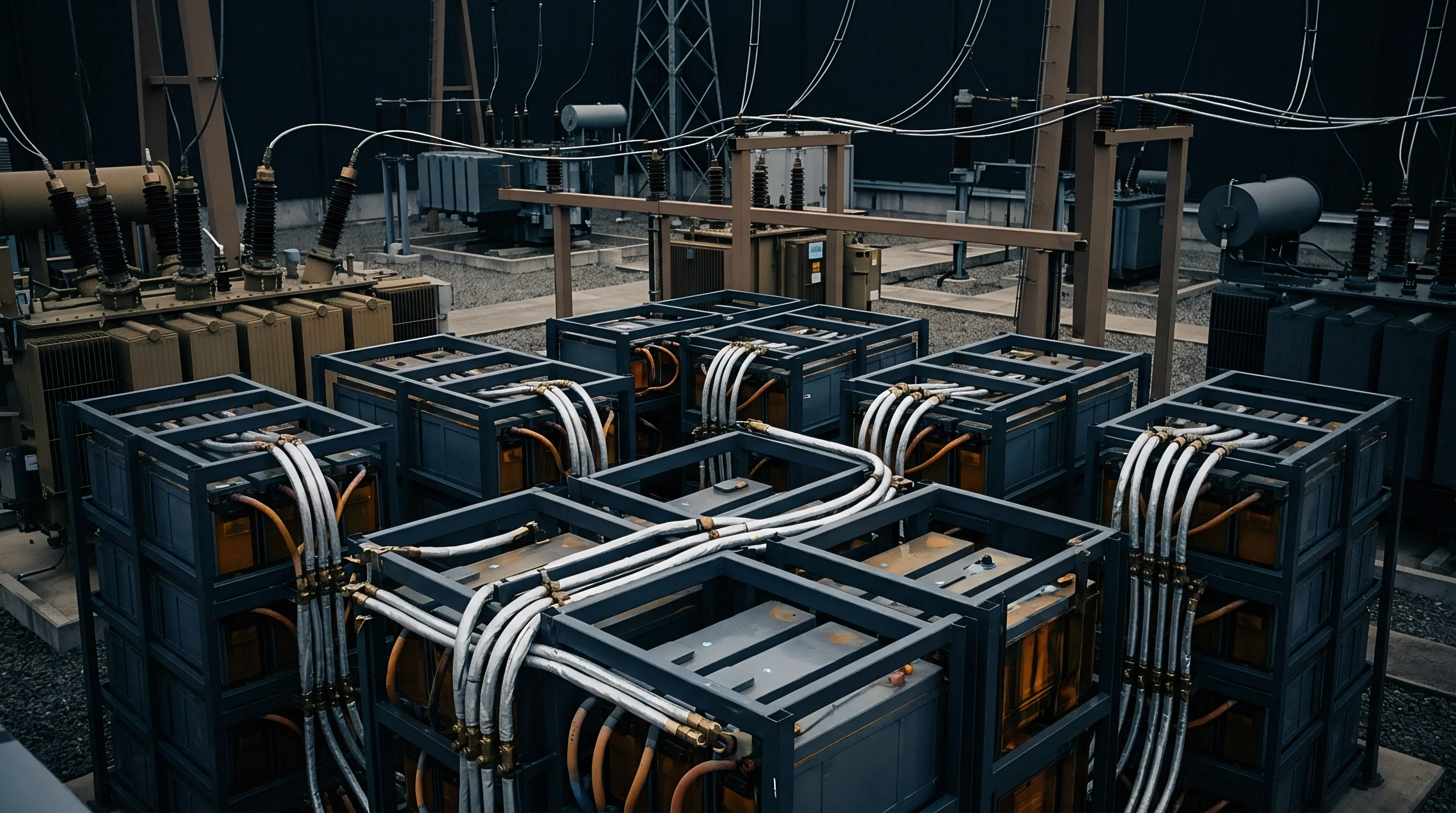Modular lithium ion battery racks with thick white cabling sit arranged in rows before large industrial electrical transformers within a utility scale storage facility.