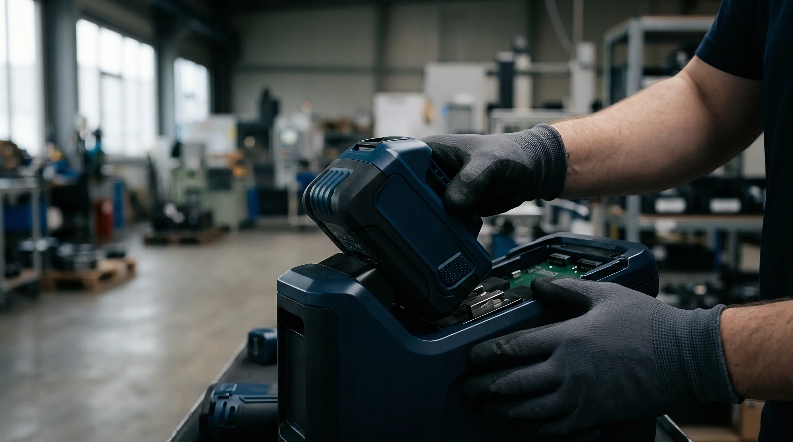 A technician in gray work gloves inserts a modular lithium ion battery pack into the receptacle of an industrial testing unit within a manufacturing facility.