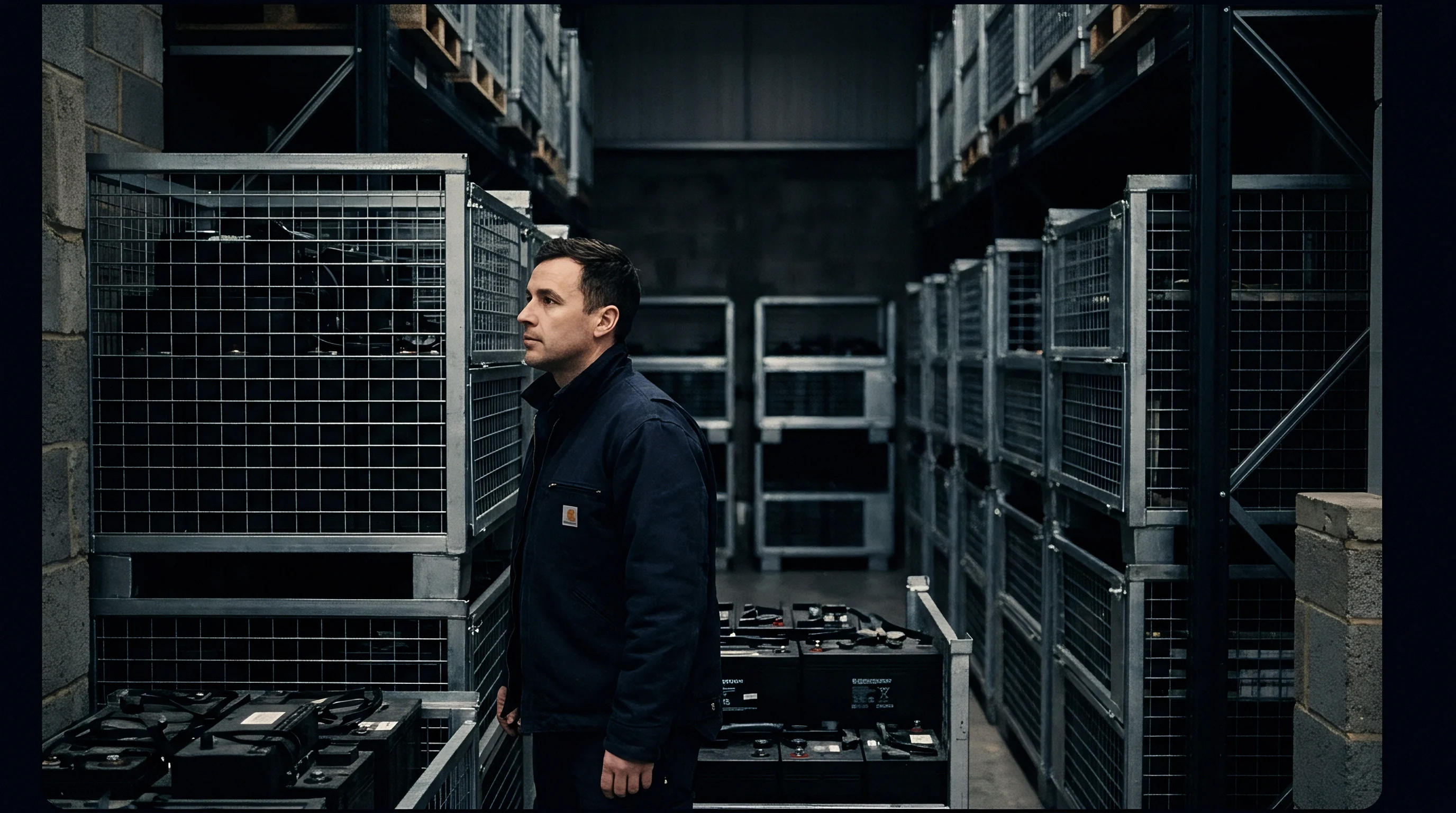 A worker stands beside stacked steel mesh storage cages containing industrial batteries inside a manufacturing warehouse facility.