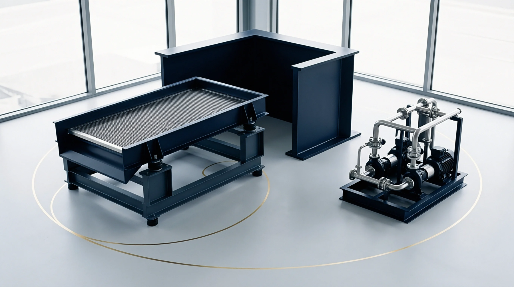 This 3D render displays a vibrating sieve mechanism alongside an industrial pump system placed within a sterile minimalist factory environment.