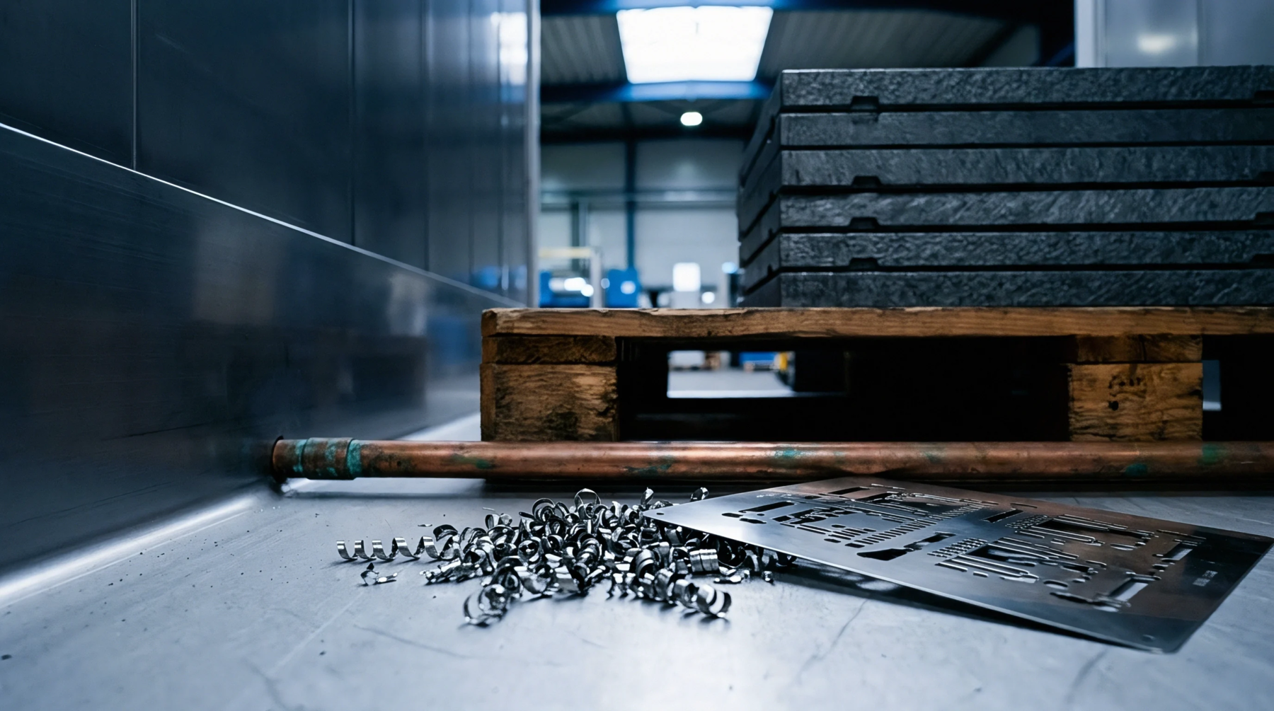 Metallic debris and a patterned metal plate rest on a floor beneath a wooden pallet stacked with processed dark industrial plates.