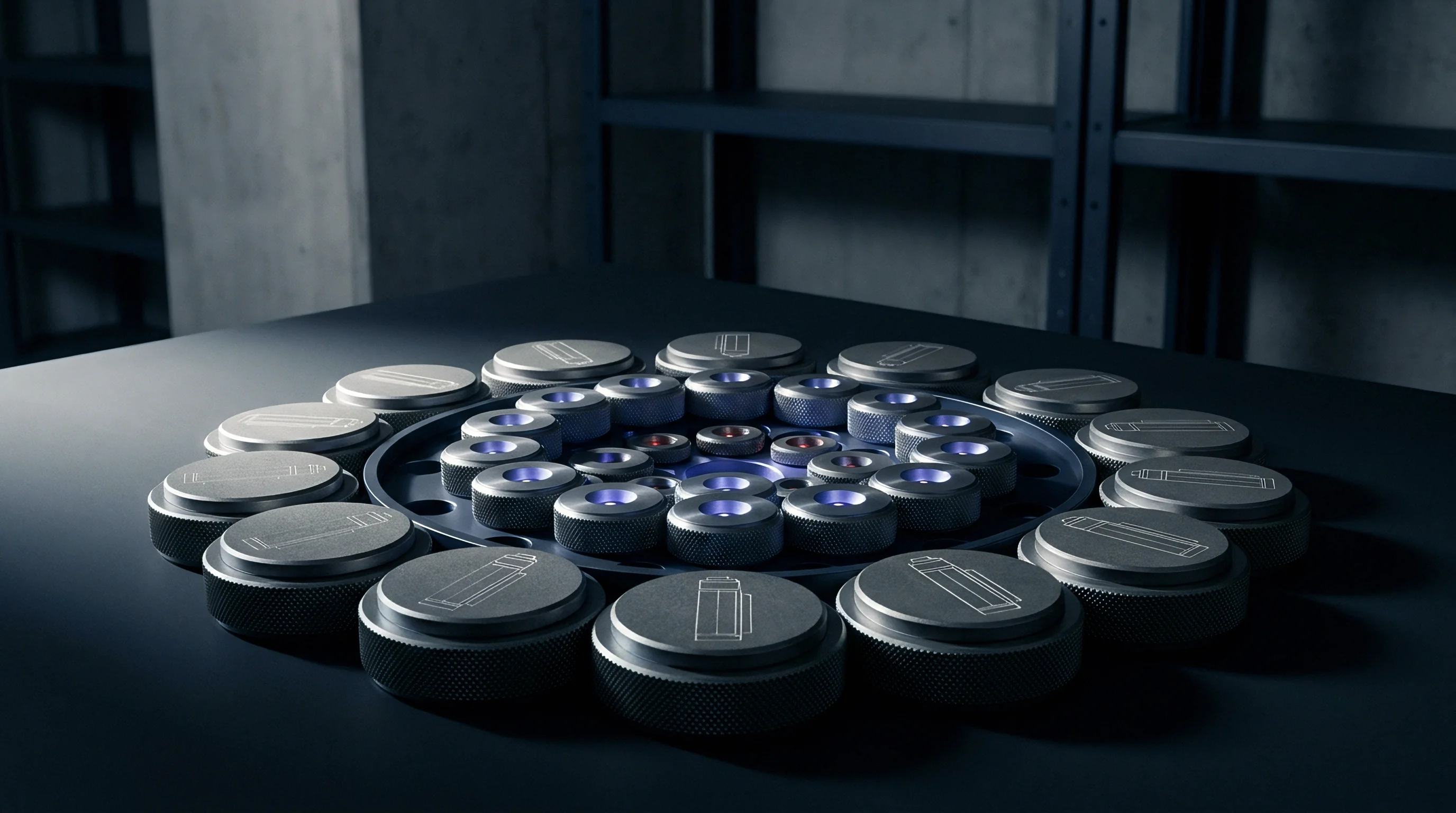 A digital render displays an array of metallic battery cells arranged in a circular configuration on a dark surface.