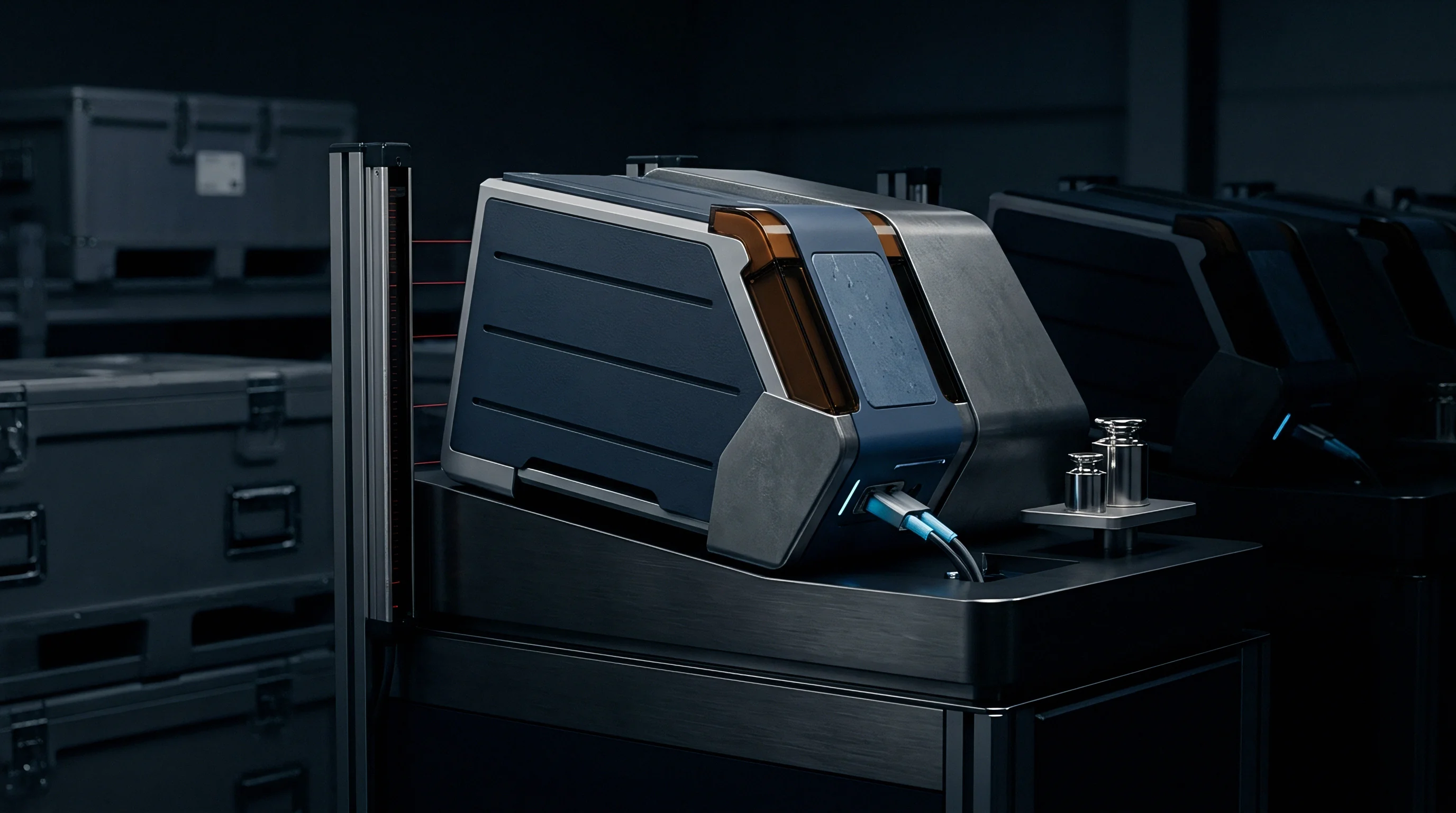 A metallic industrial testing unit is rendered on a wheeled cart inside a dark warehouse surrounded by storage cases.