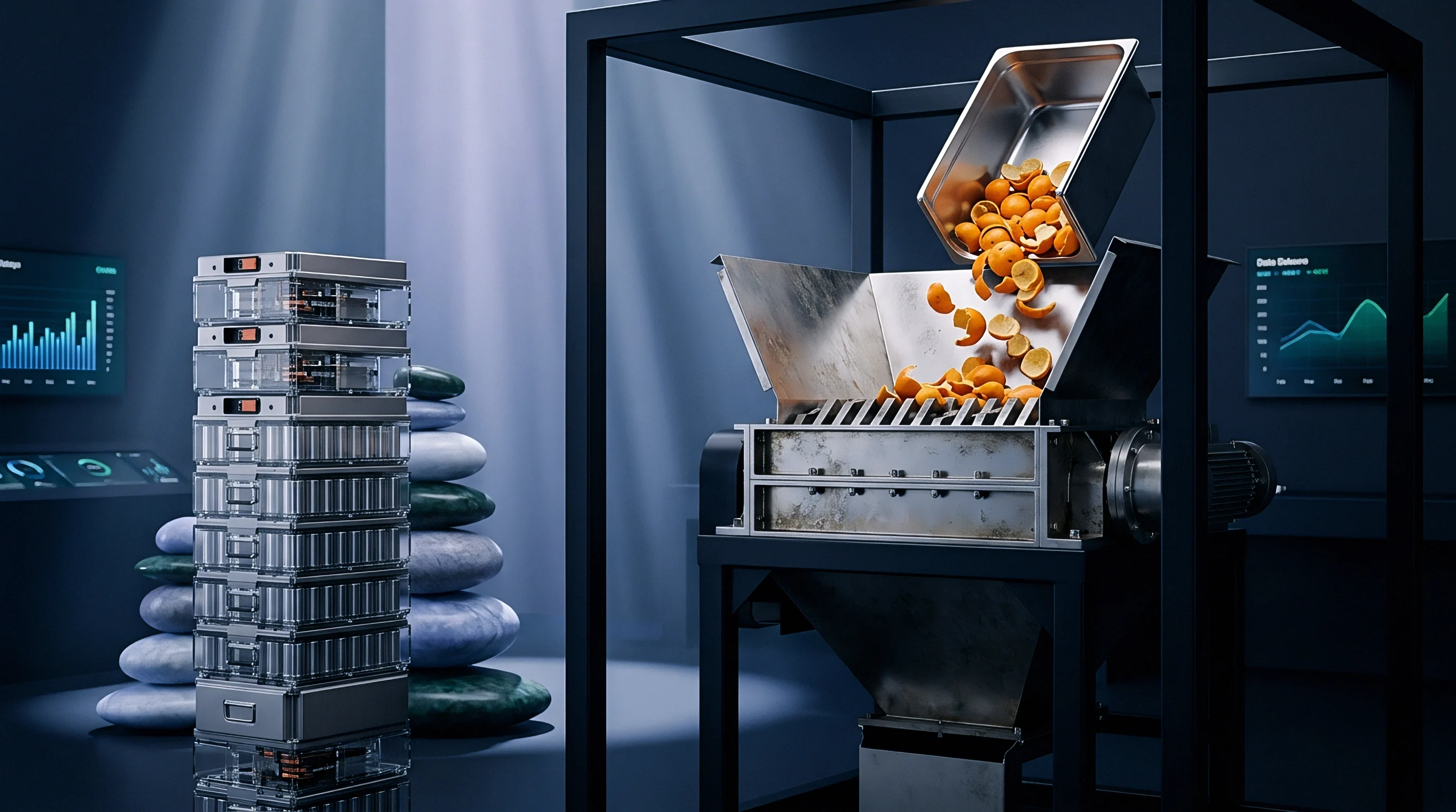 Industrial recycling machinery processes organic feedstock beside modular energy storage units within a dark technological laboratory.