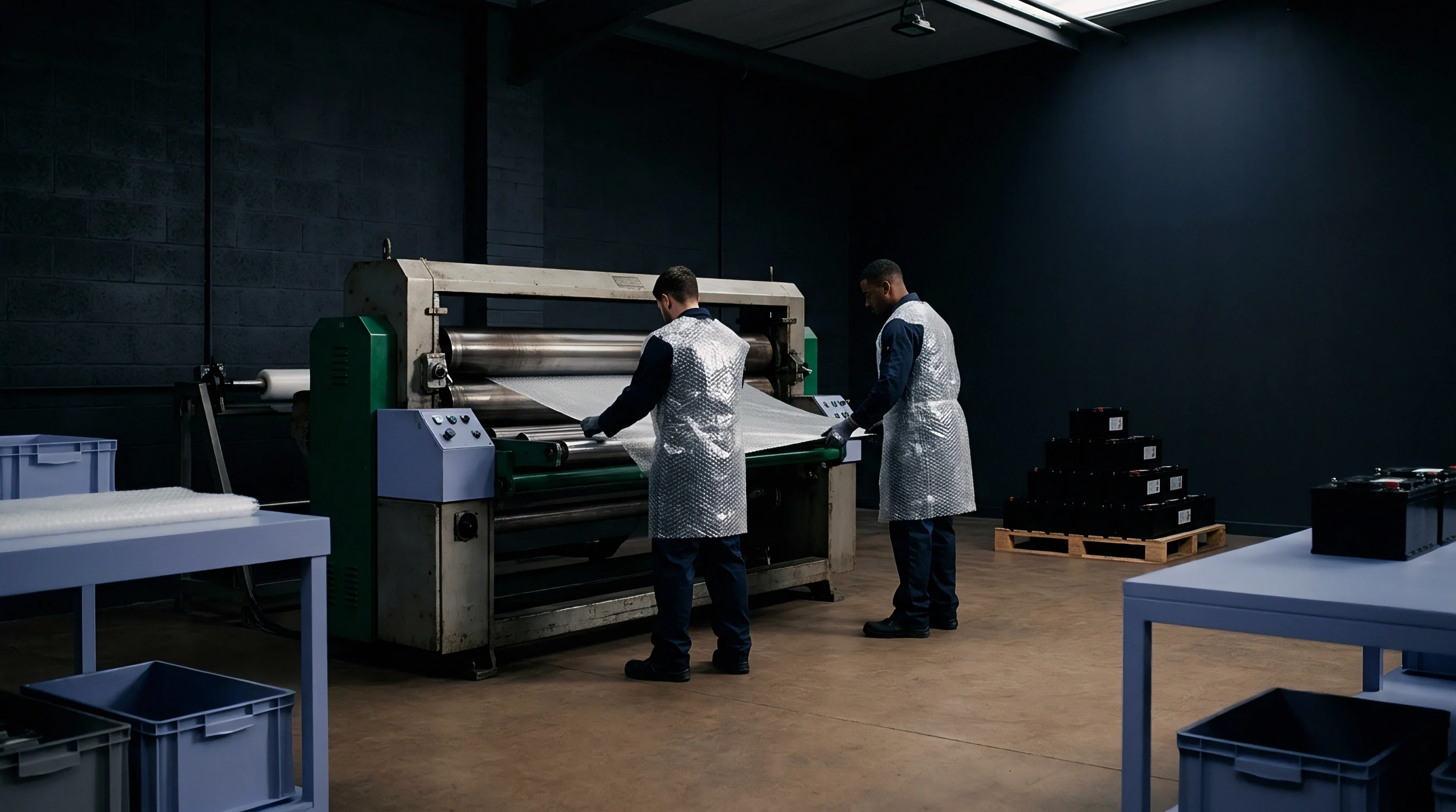 Two workers in protective aprons operate a heavy industrial roller machine feeding a white separator film within a dim battery production factory floor.
