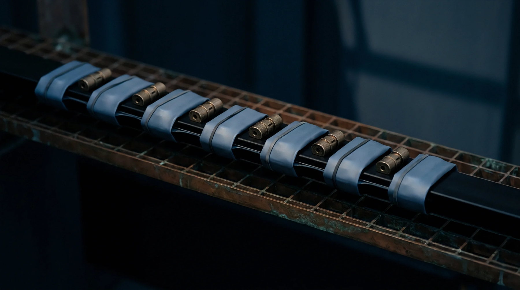 A metallic assembly line tray holds a black composite rail fitted with brass contact terminals secured by blue polymer brackets.