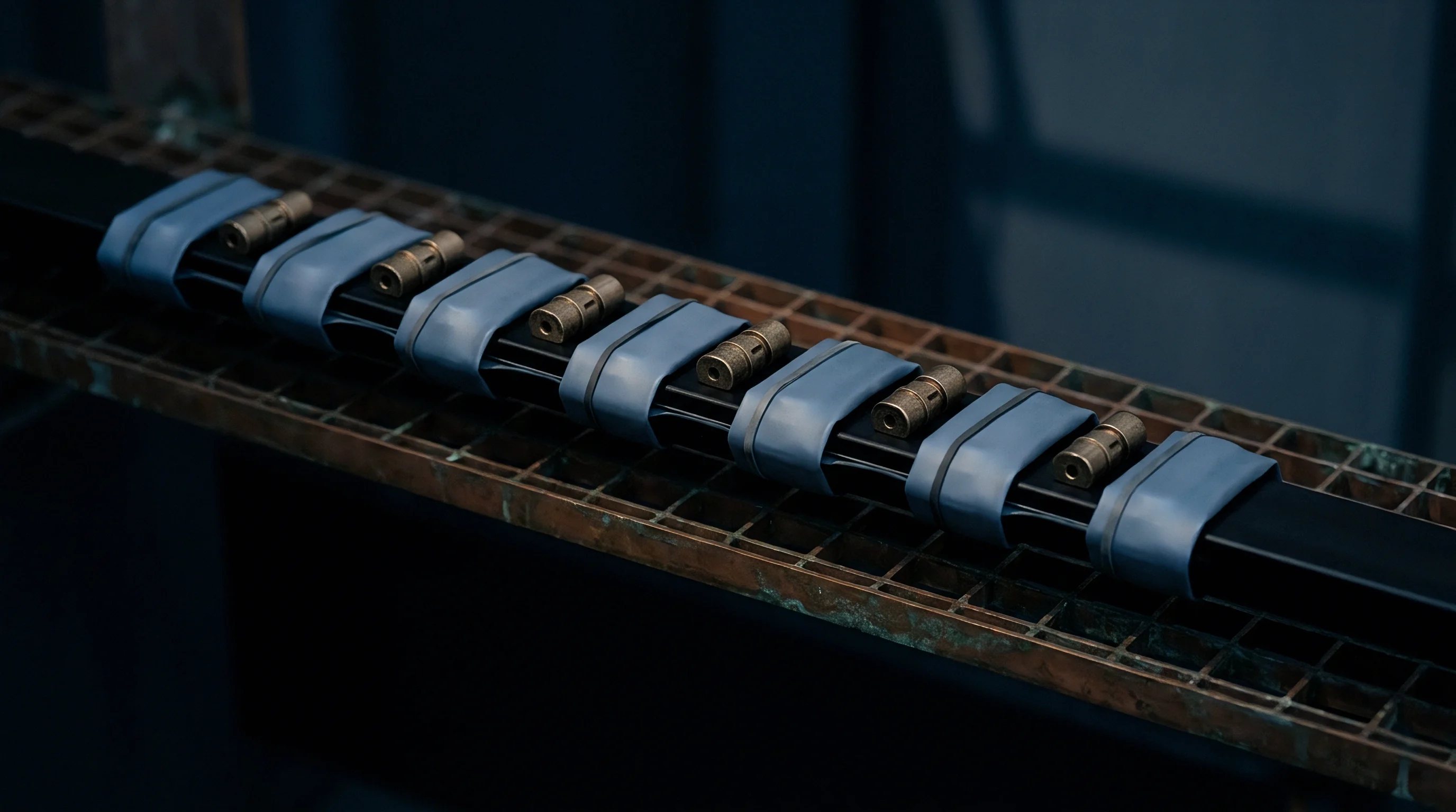 A metallic assembly line tray holds a black composite rail fitted with brass contact terminals secured by blue polymer brackets.