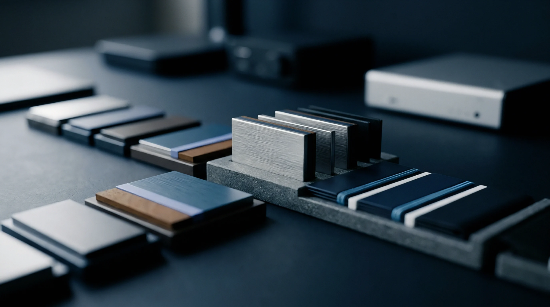 Rows of metallic and polymer material swatches representing enclosure finish options sit on a matte surface prepared for hardware product development.