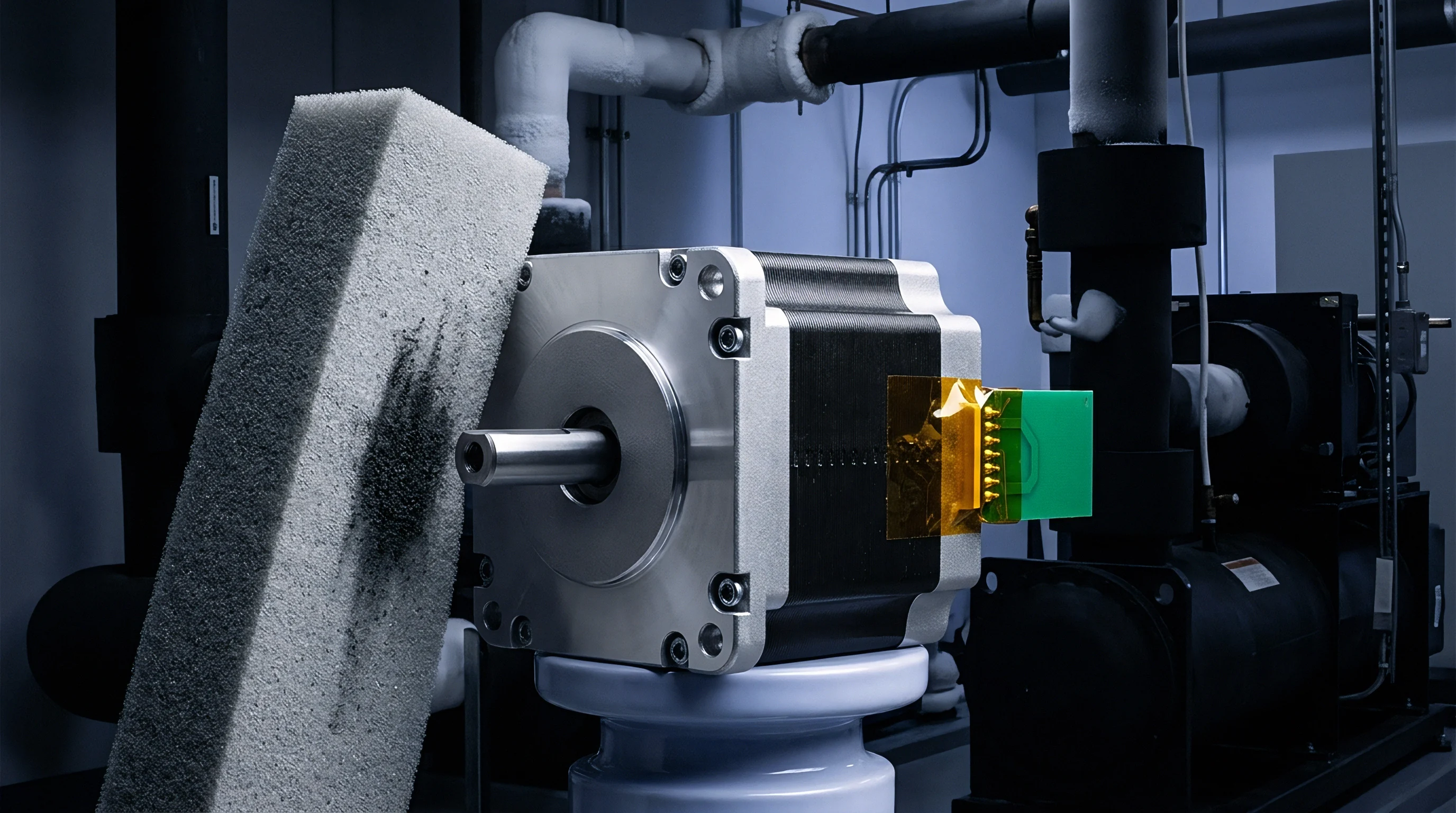 An industrial electric motor with a wired connector sits beside a worn foam block inside a mechanical laboratory.