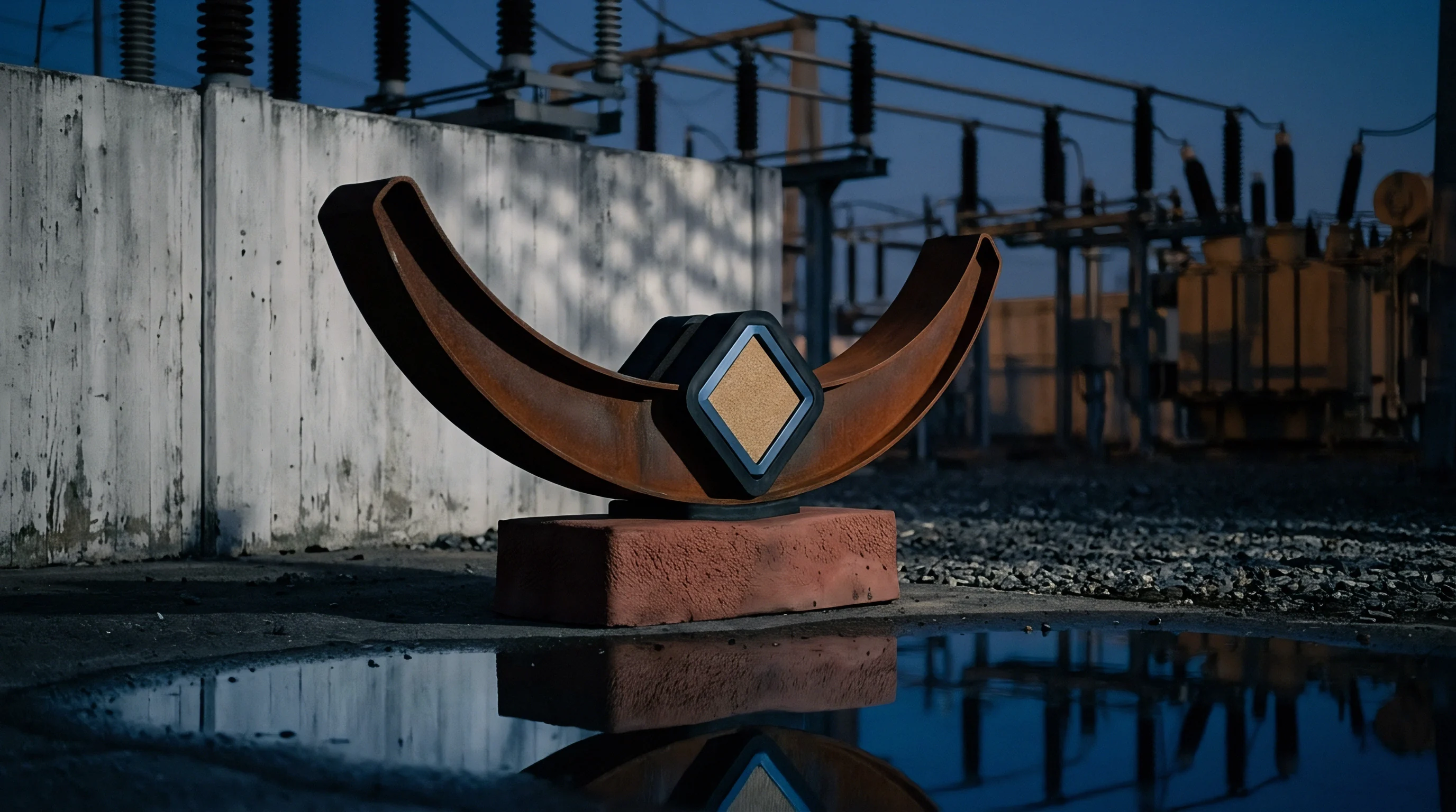 Weathered steel structural cradle rests upon a concrete pedestal beside industrial electrical grid equipment during twilight hours.
