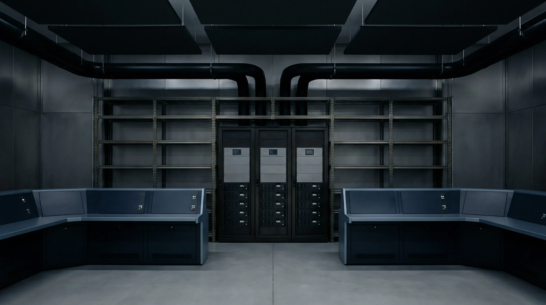 A digital render shows steel server racks and dual monitoring consoles positioned inside an industrial energy control room with overhead ventilation ducts.