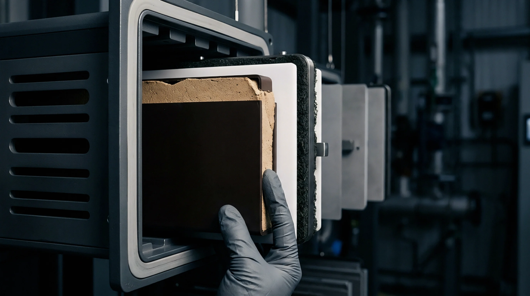 A gloved hand maneuvers a dark rectangular panel into a multi tiered horizontal rack within a heavy metal industrial compartment.