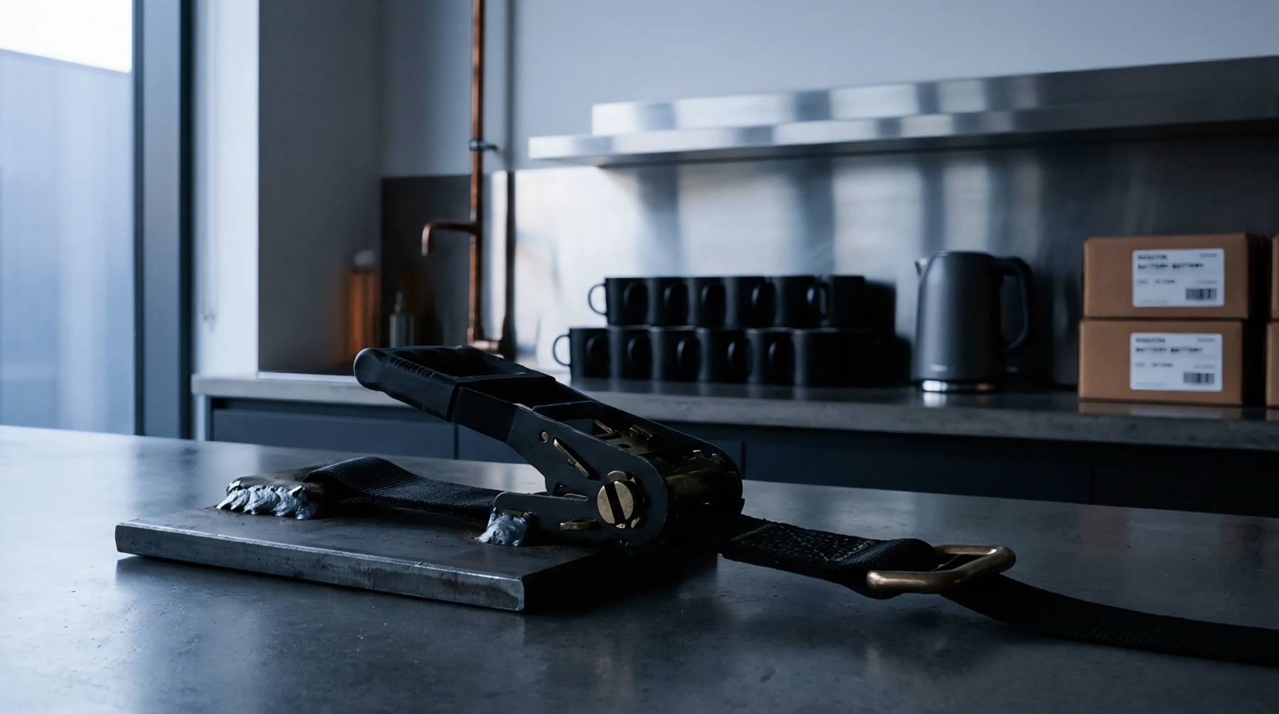 A heavy duty ratchet strap is welded to a steel plate on a concrete workbench inside a battery production facility.
