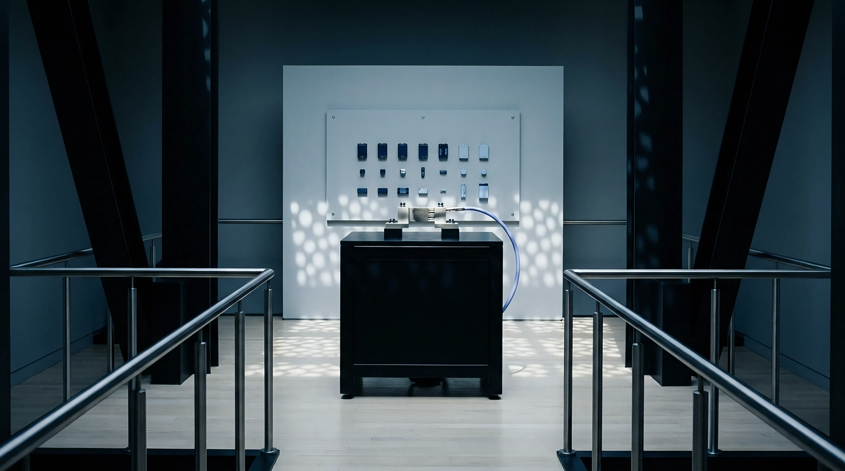 A mechanical test rig centers a component fixture before a wall mounted array of electronic battery management modules within a controlled laboratory environment.