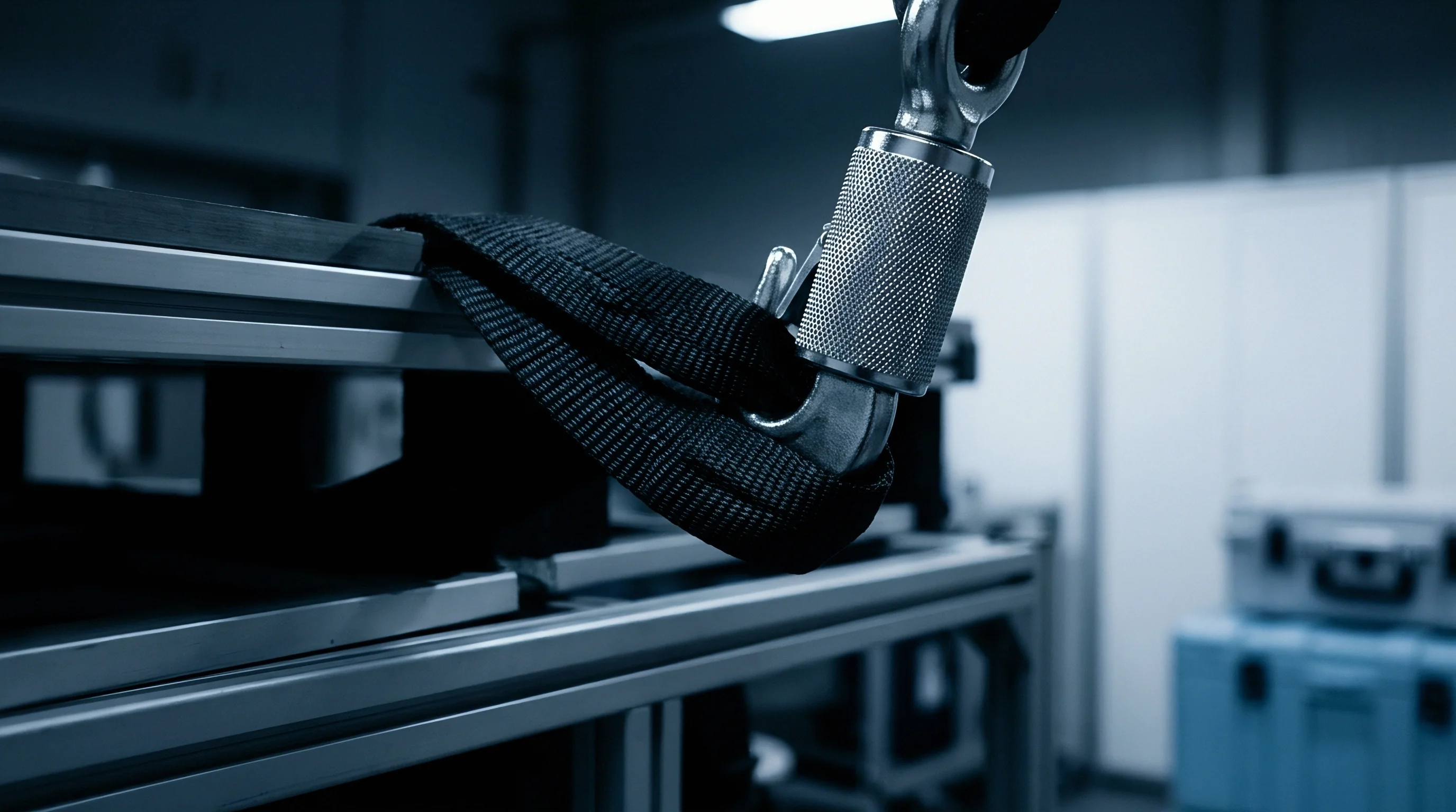 Heavy black woven webbing sling secures a large industrial aluminum extrusion assembly frame inside a component production facility.