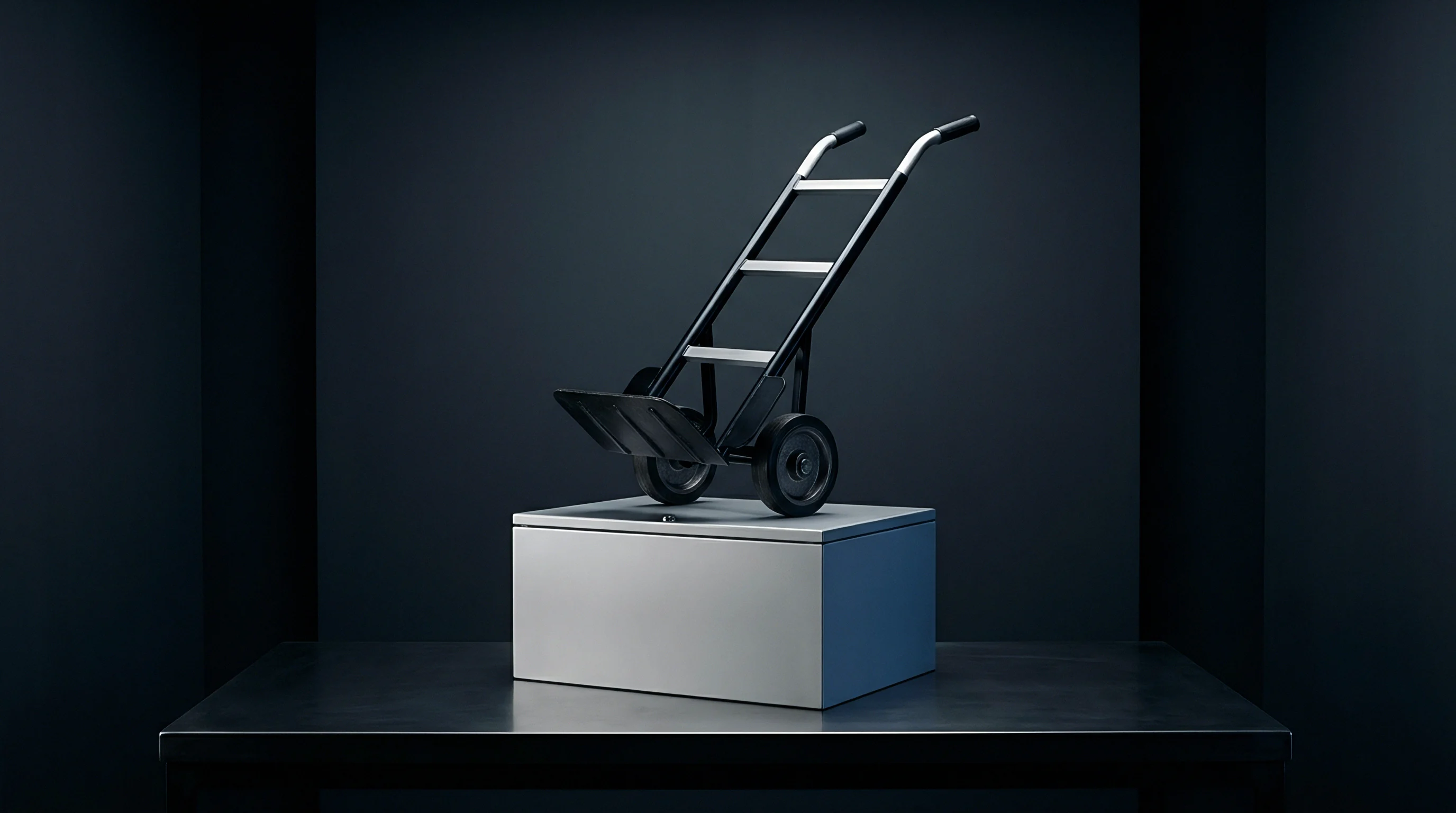 A black metal hand truck with silver handles is positioned on a light grey pedestal in a dimly lit setting.