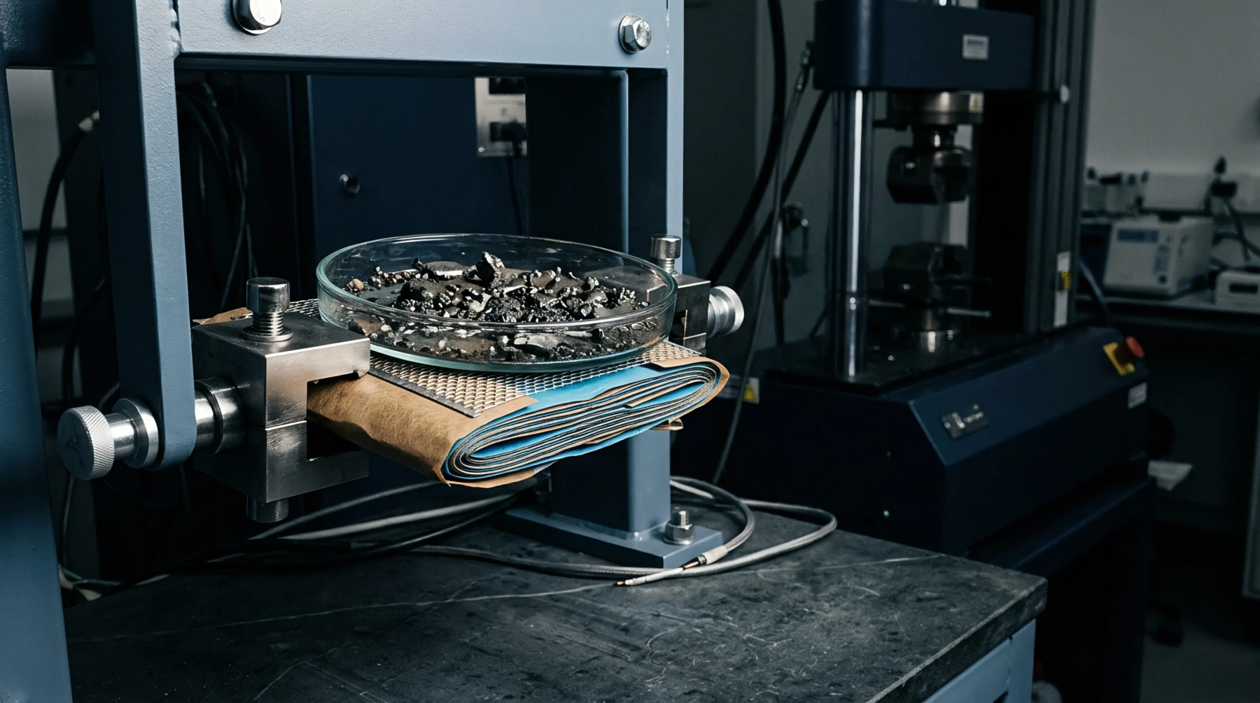 A glass petri dish containing pulverized battery black mass rests on a padded fixture inside a materials testing laboratory.