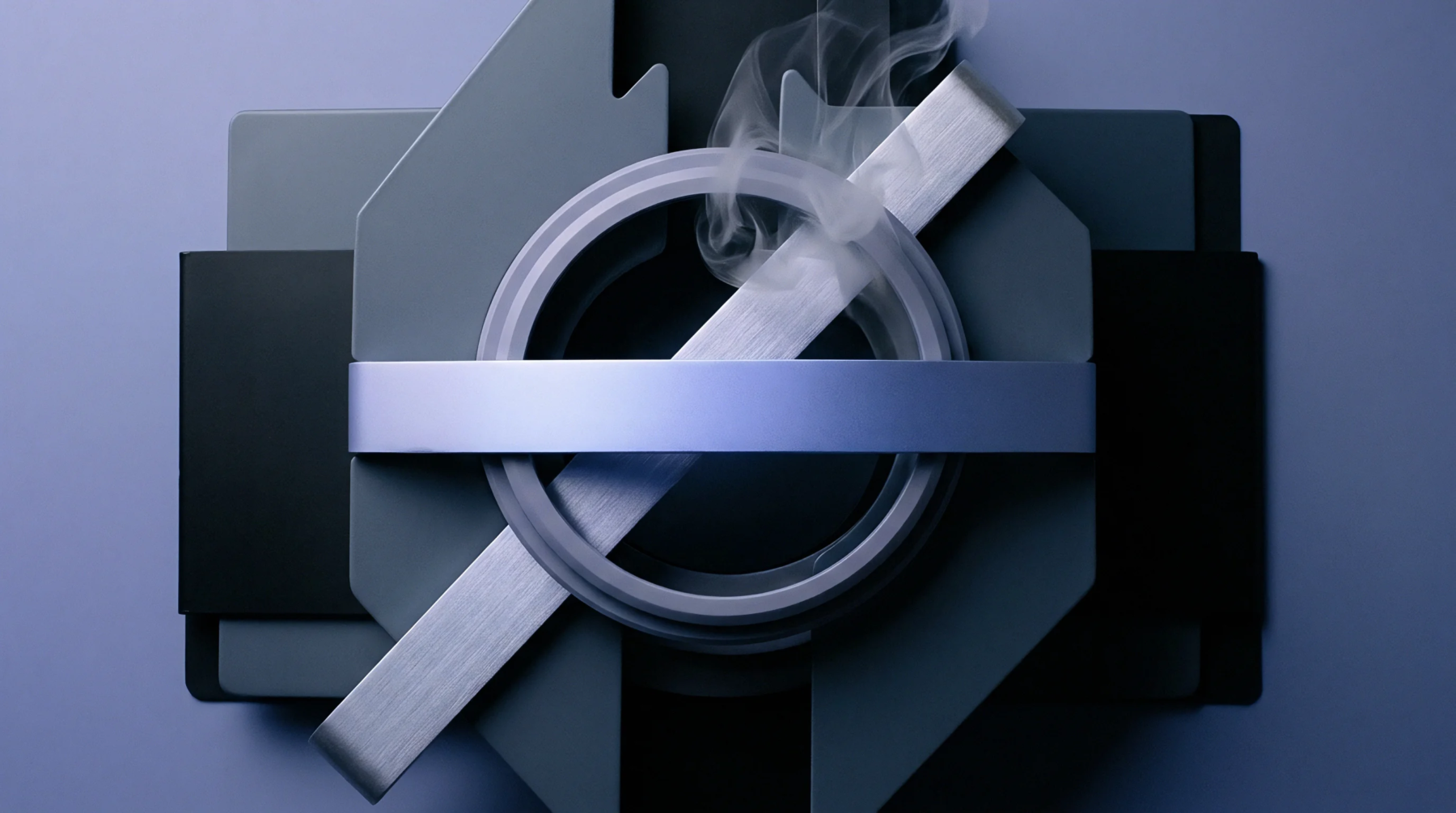 Metallic structural elements intersect a cylindrical housing component while thermal vapor escapes upward in this digital render.