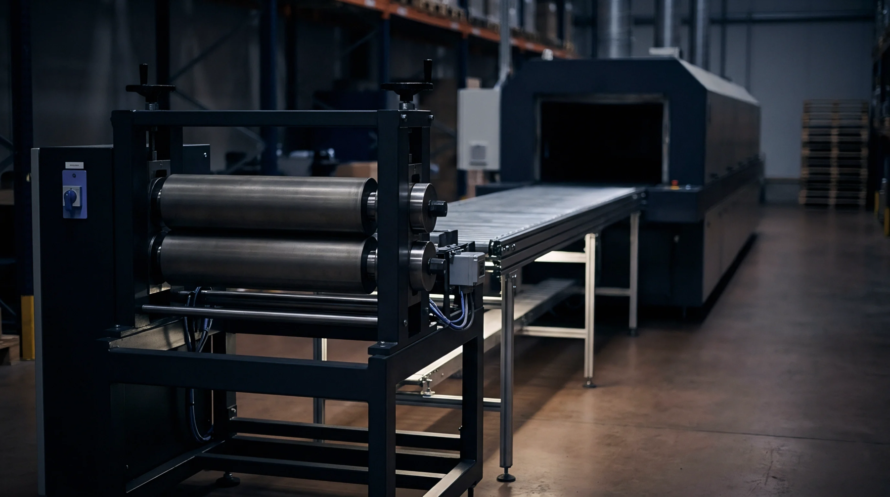 Heavy steel rollers and a conveyor system feed an industrial thermal processing oven inside a battery manufacturing facility.