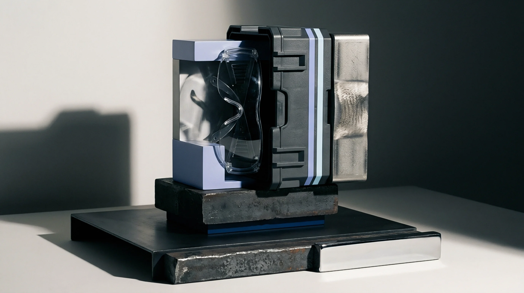 Transparent protective eyewear rests inside a molded polymer enclosure flanked by raw steel blocks atop an iron plate.
