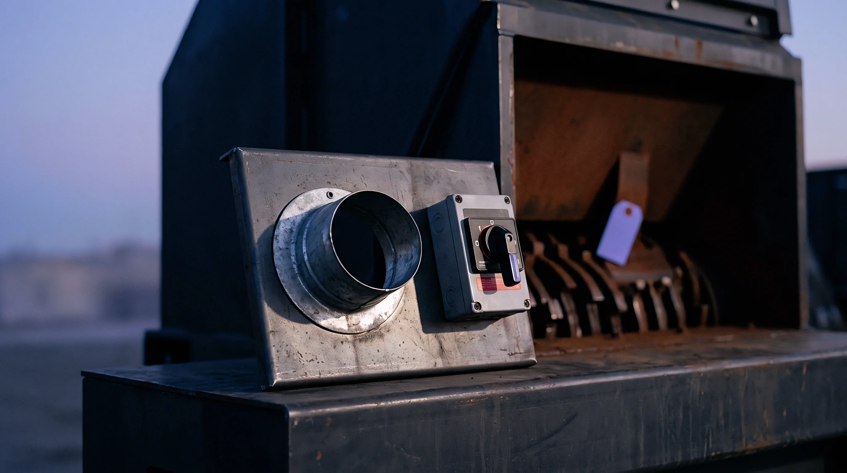 A steel industrial shredder assembly features a mounted ventilation duct and electrical power switch situated before a heavy duty metal crushing chamber.