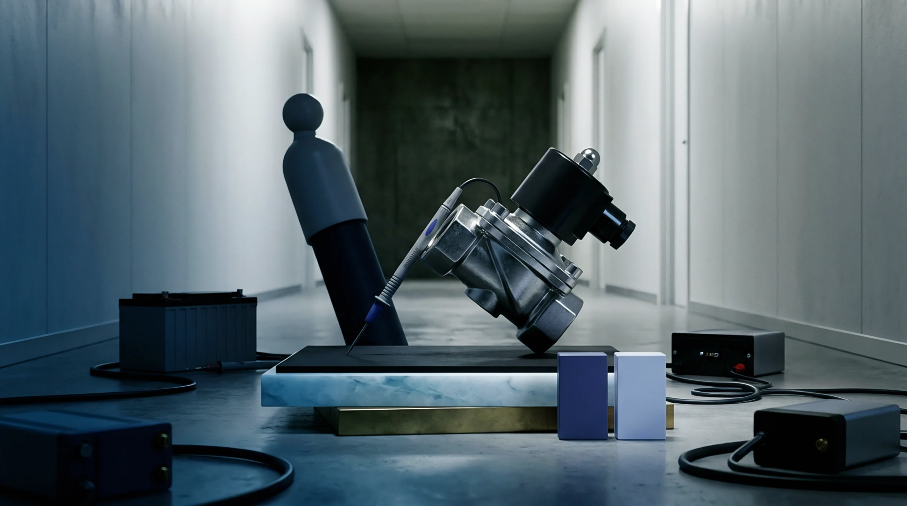A metallic solenoid valve and diagnostic probe rest on a dark platform inside an industrial hallway flanked by electrical power units.