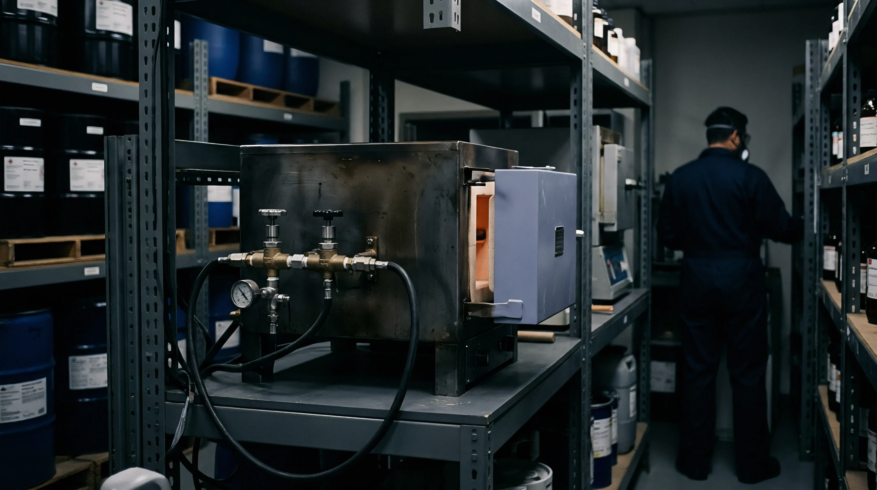 A heavy duty thermal processing furnace sits on a metal shelf inside a chemical storage facility containing stacked precursor drums.