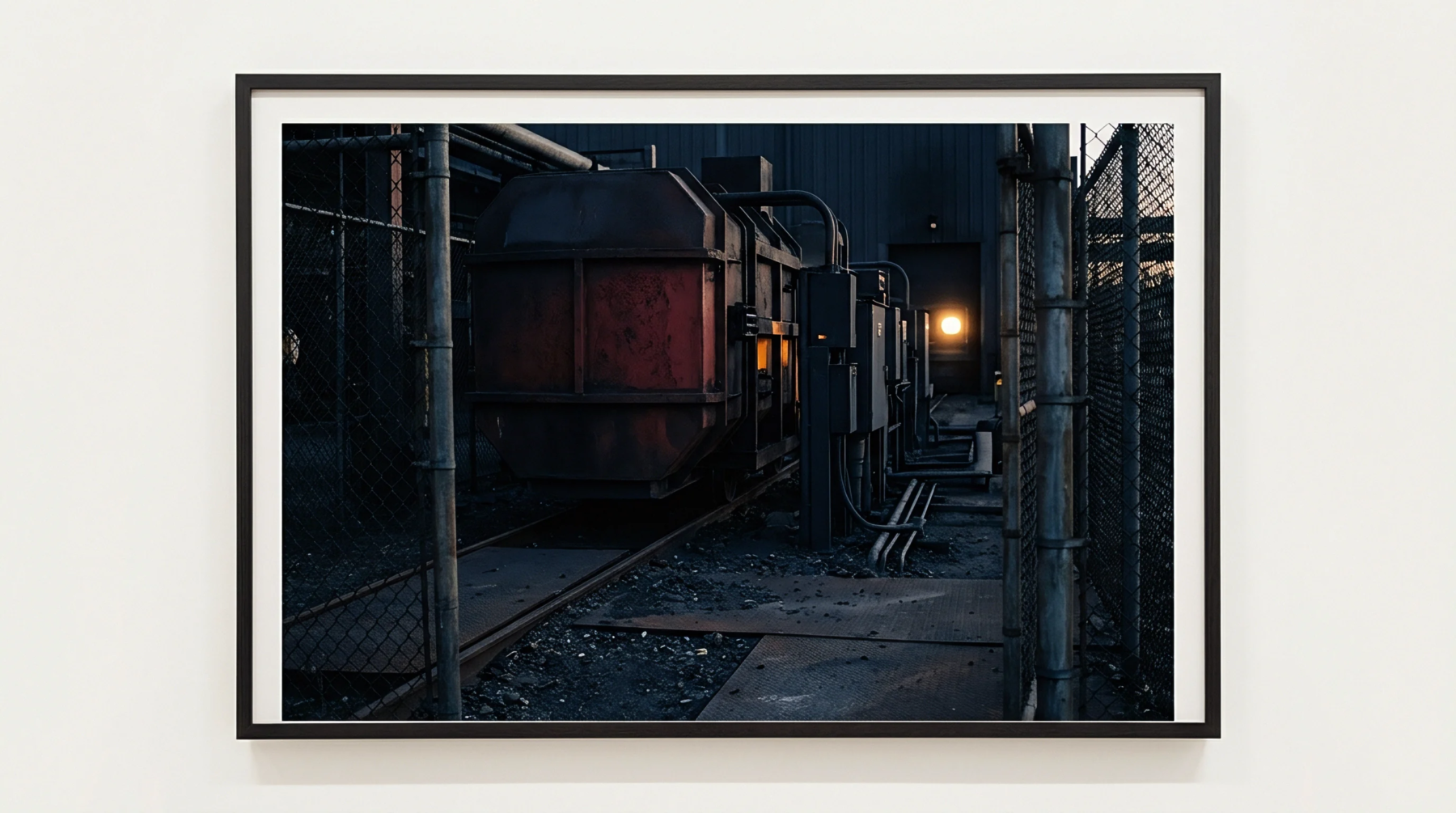 A heavy metallic transfer car sits on rails inside a fenced industrial facility with a glowing furnace opening in the background.