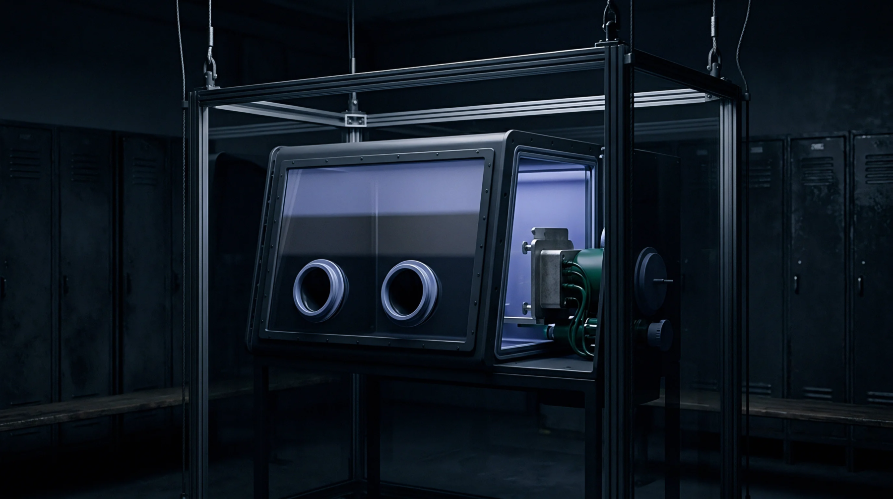 An isolated workstation enclosure designed for handling moisture sensitive materials sits within a secure frame in a dark laboratory storage room.