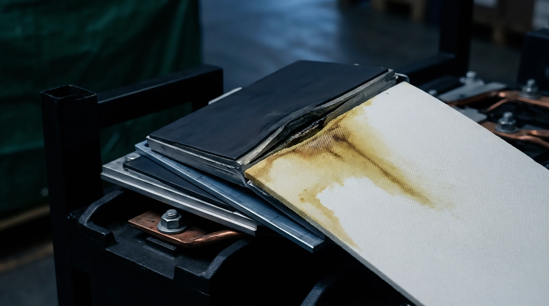 A damaged pouch cell in a metal fixture displays electrolyte staining and scorch marks on a white thermal barrier sheet.
