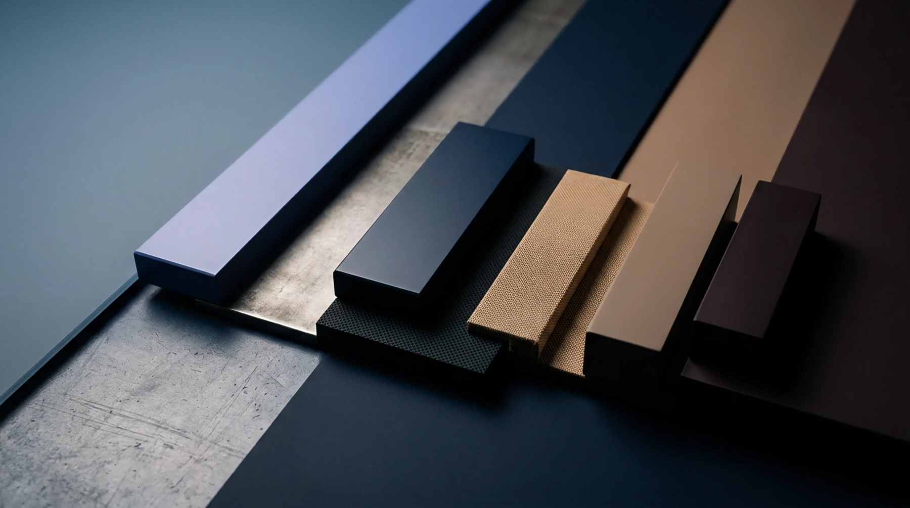 Rectangular material samples in various matte colours and textures rest on an industrial metallic surface during prototype development.